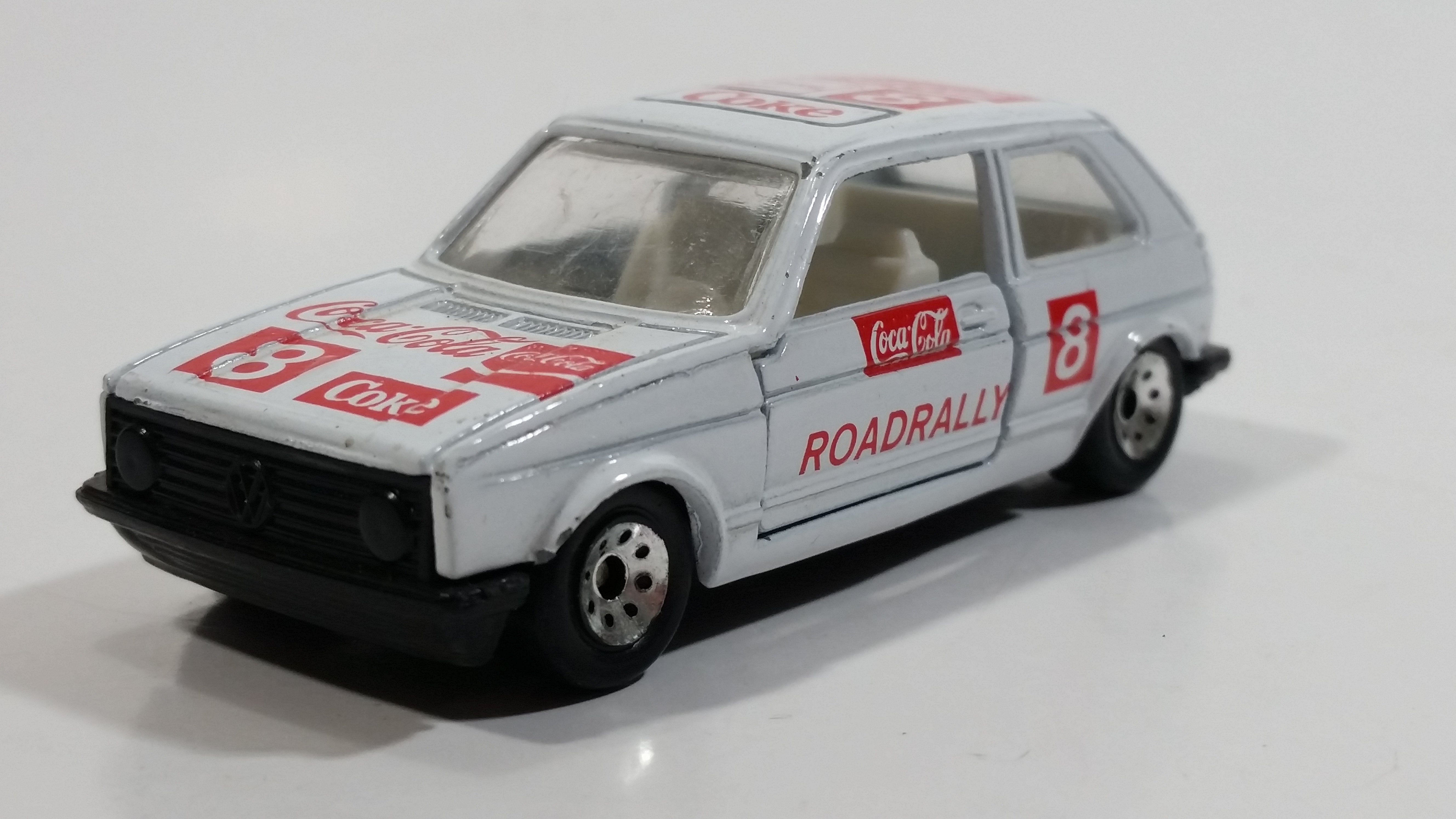 1988 Hartoy Coca Cola Coke Soda Pop VW Volkswagen Golf GTI White Red Die Cast Toy Car Vehicle with Opening Doors 2