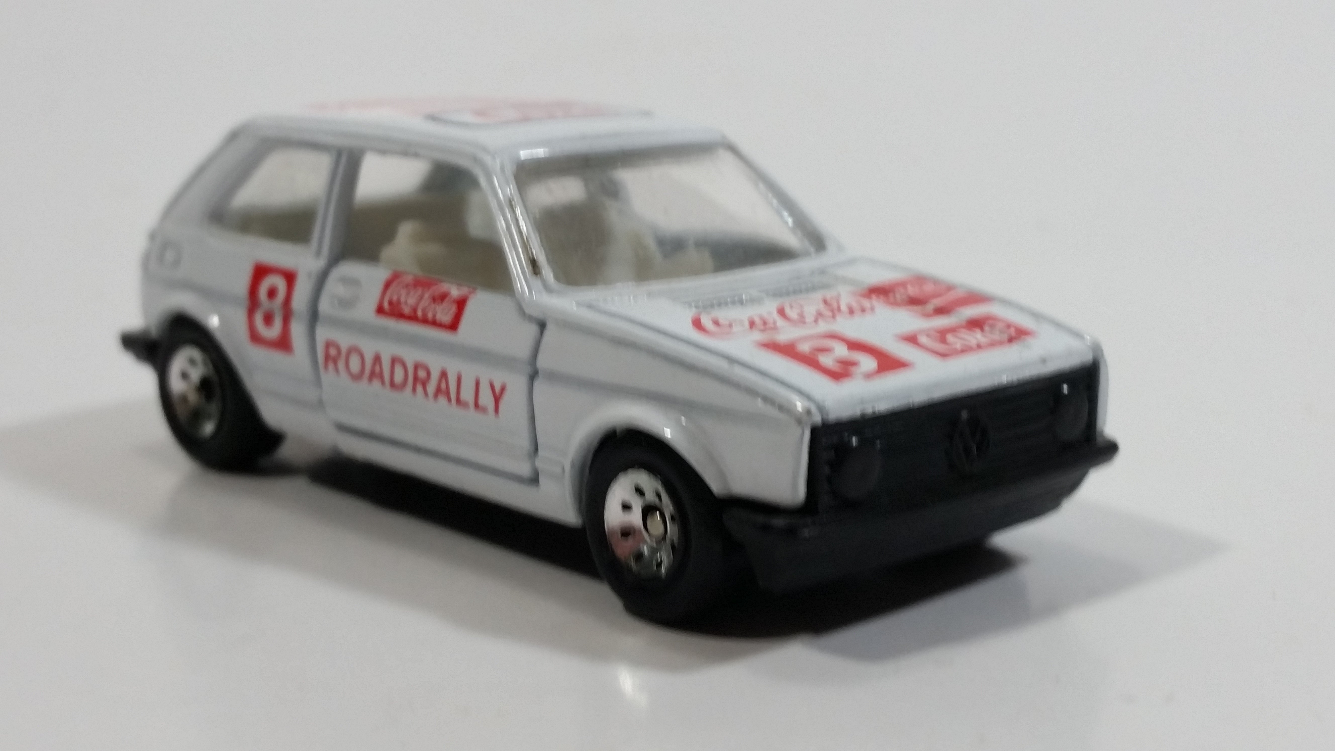 1988 Hartoy Coca Cola Coke Soda Pop VW Volkswagen Golf GTI White Red Die Cast Toy Car Vehicle with Opening Doors 4
