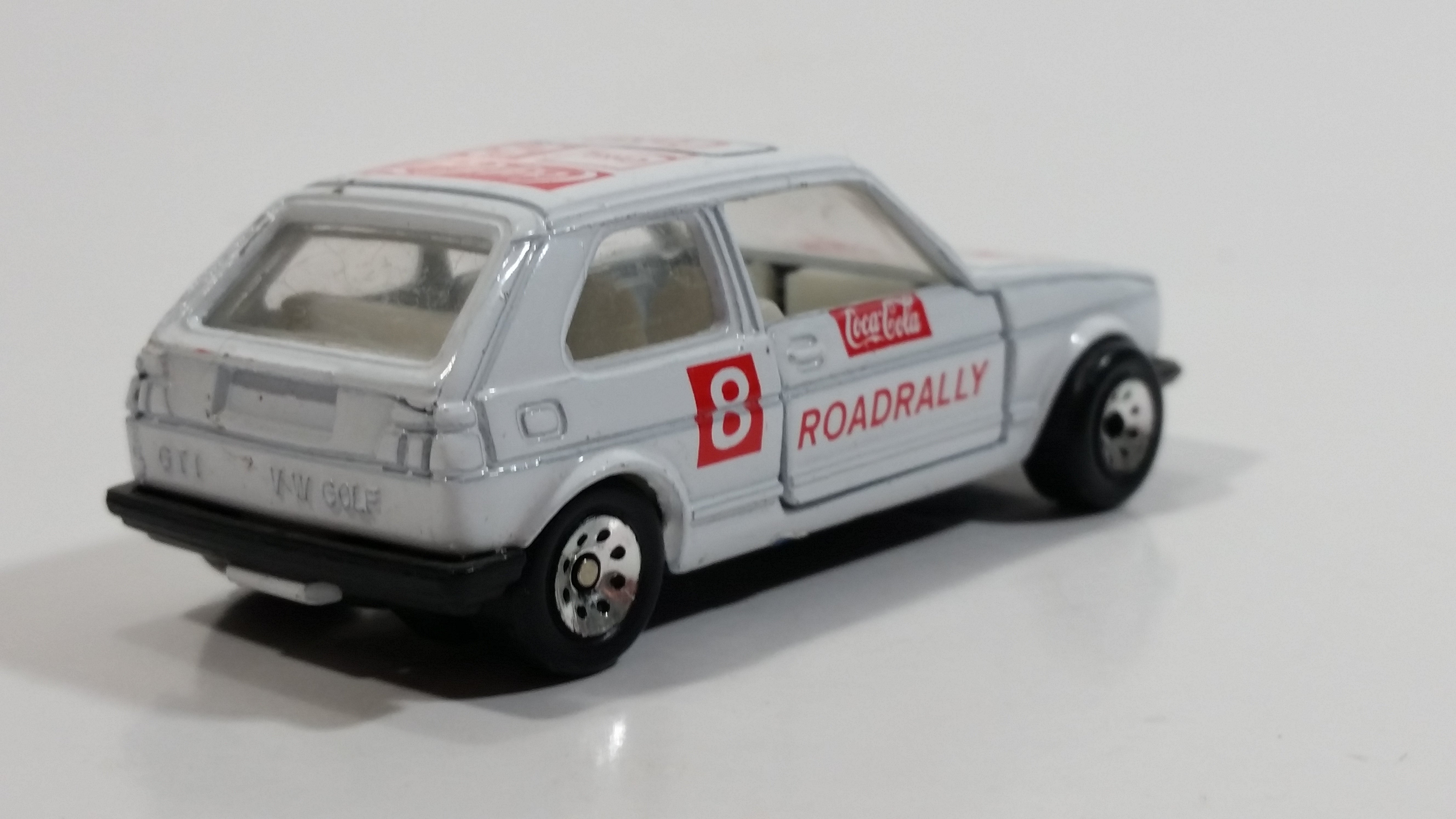 1988 Hartoy Coca Cola Coke Soda Pop VW Volkswagen Golf GTI White Red Die Cast Toy Car Vehicle with Opening Doors 6