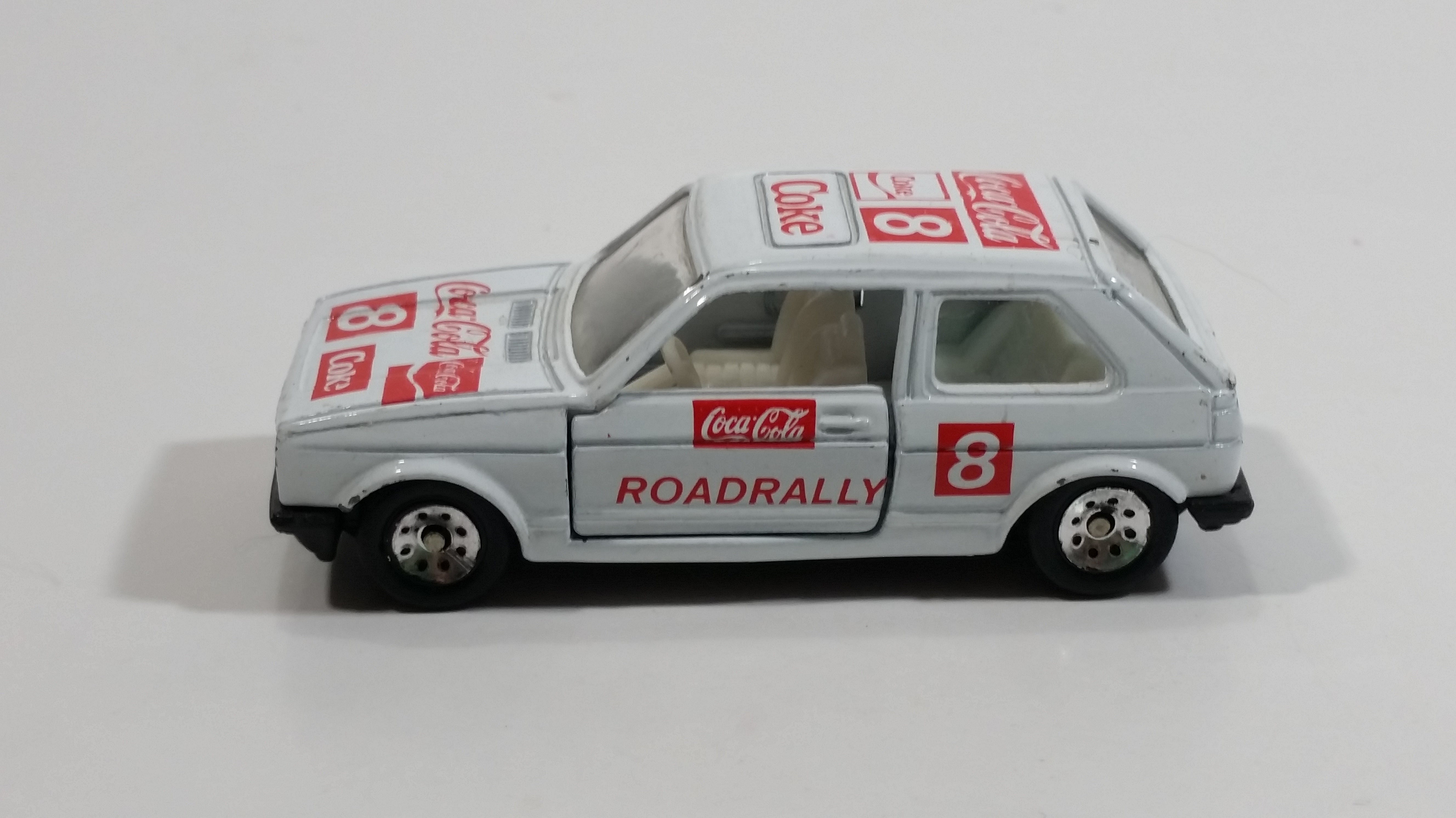 1988 Hartoy Coca Cola Coke Soda Pop VW Volkswagen Golf GTI White Red Die Cast Toy Car Vehicle with Opening Doors 9