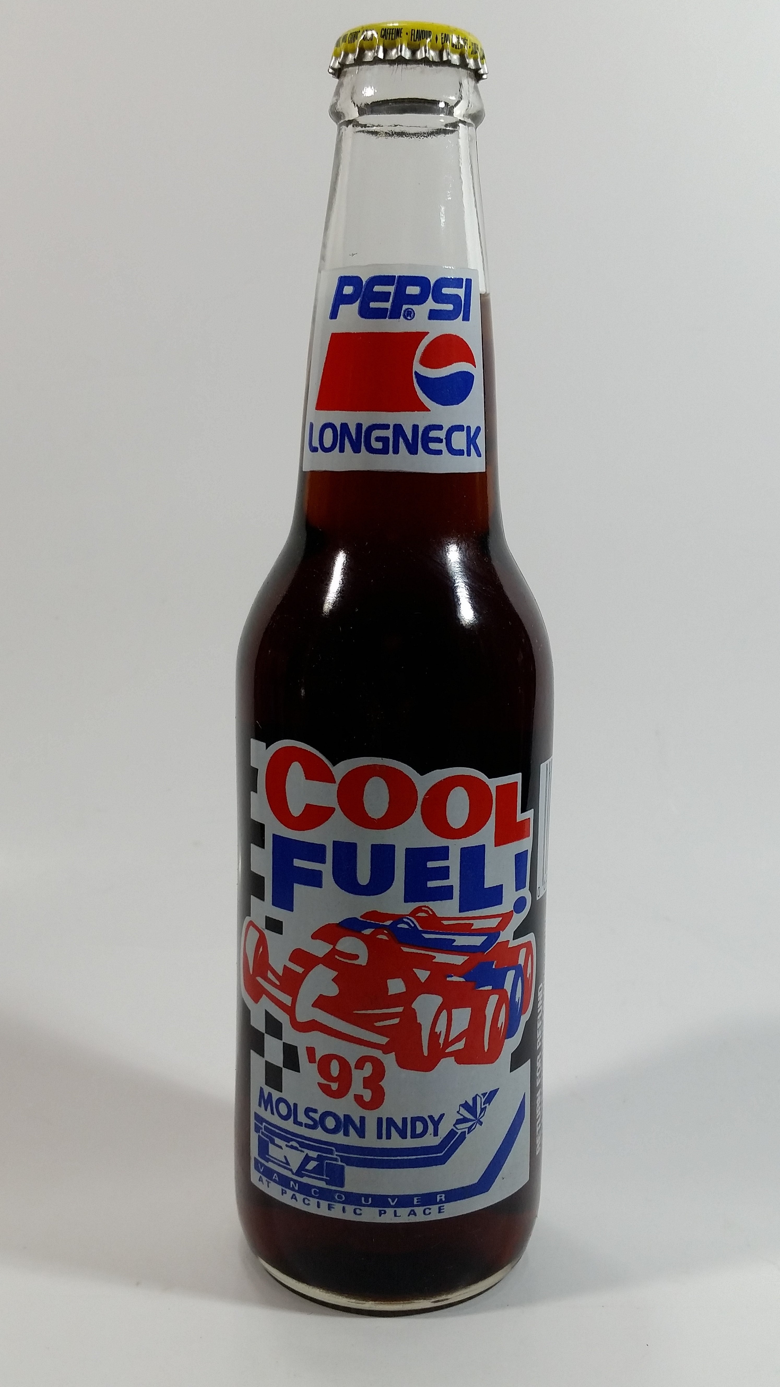 1993 Pepsi Cola Cool Fuel Molson Indy Race Vancouver, BC Longneck Glass Beverage Bottle Full Never Opened 355mL