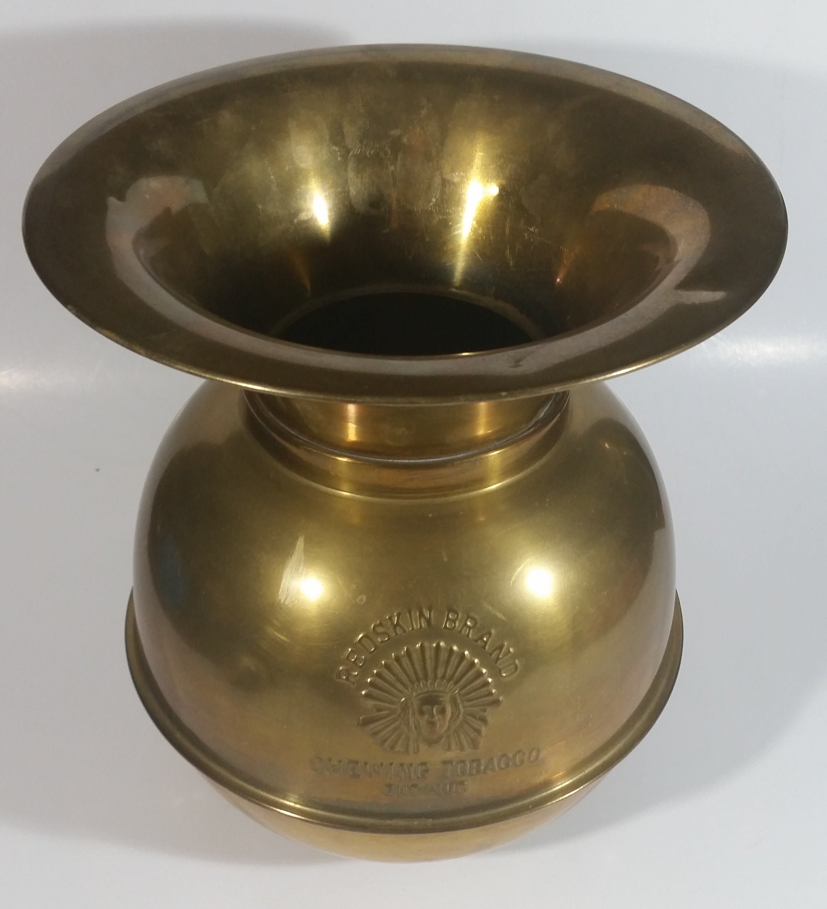 Antique Redskin Brand Chewing Tobacco Cut Plug Large Brass 10 1/4" Tall Spittoon 10