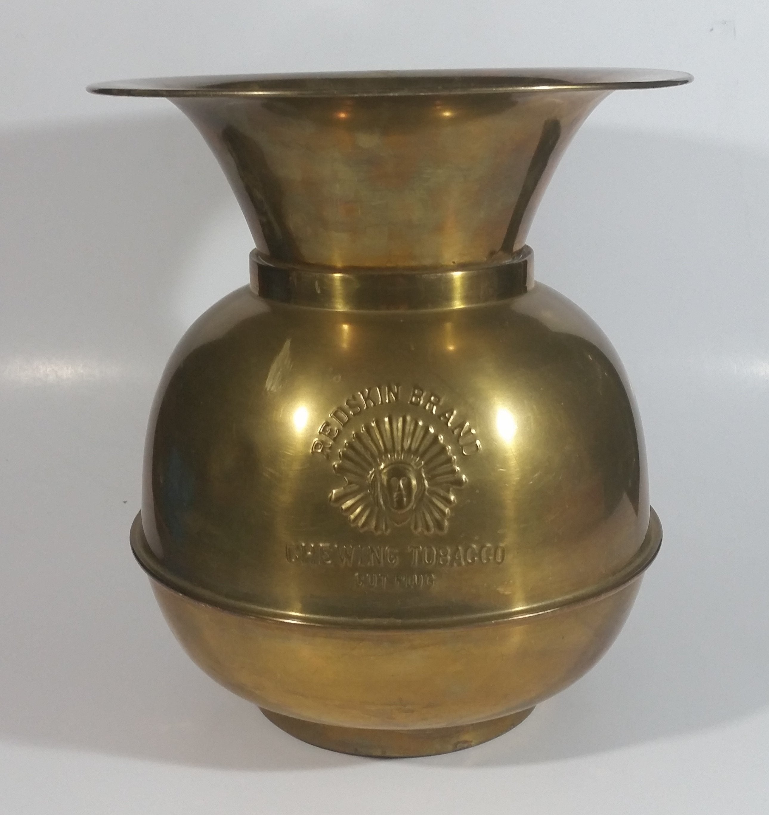 Antique Redskin Brand Chewing Tobacco Cut Plug Large Brass 10 1/4" Tall Spittoon 2