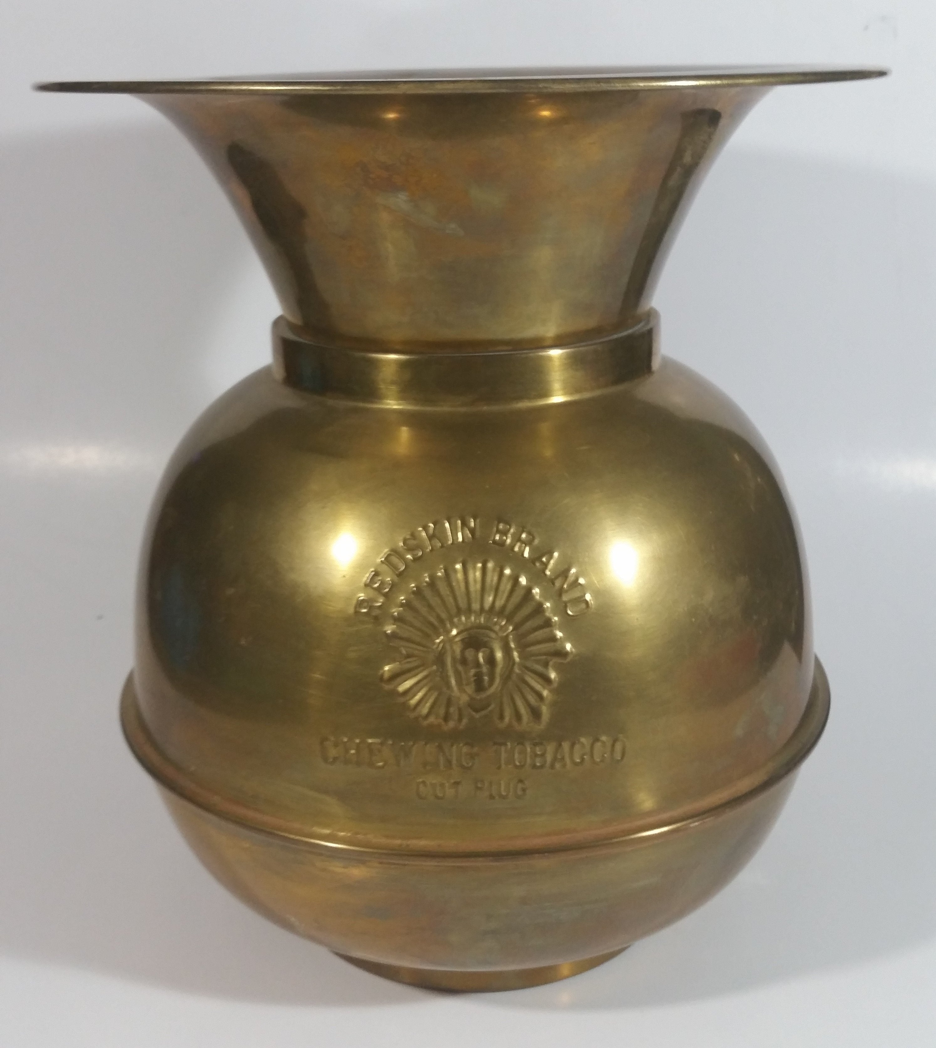 Antique Redskin Brand Chewing Tobacco Cut Plug Large Brass 10 1/4" Tall Spittoon 5