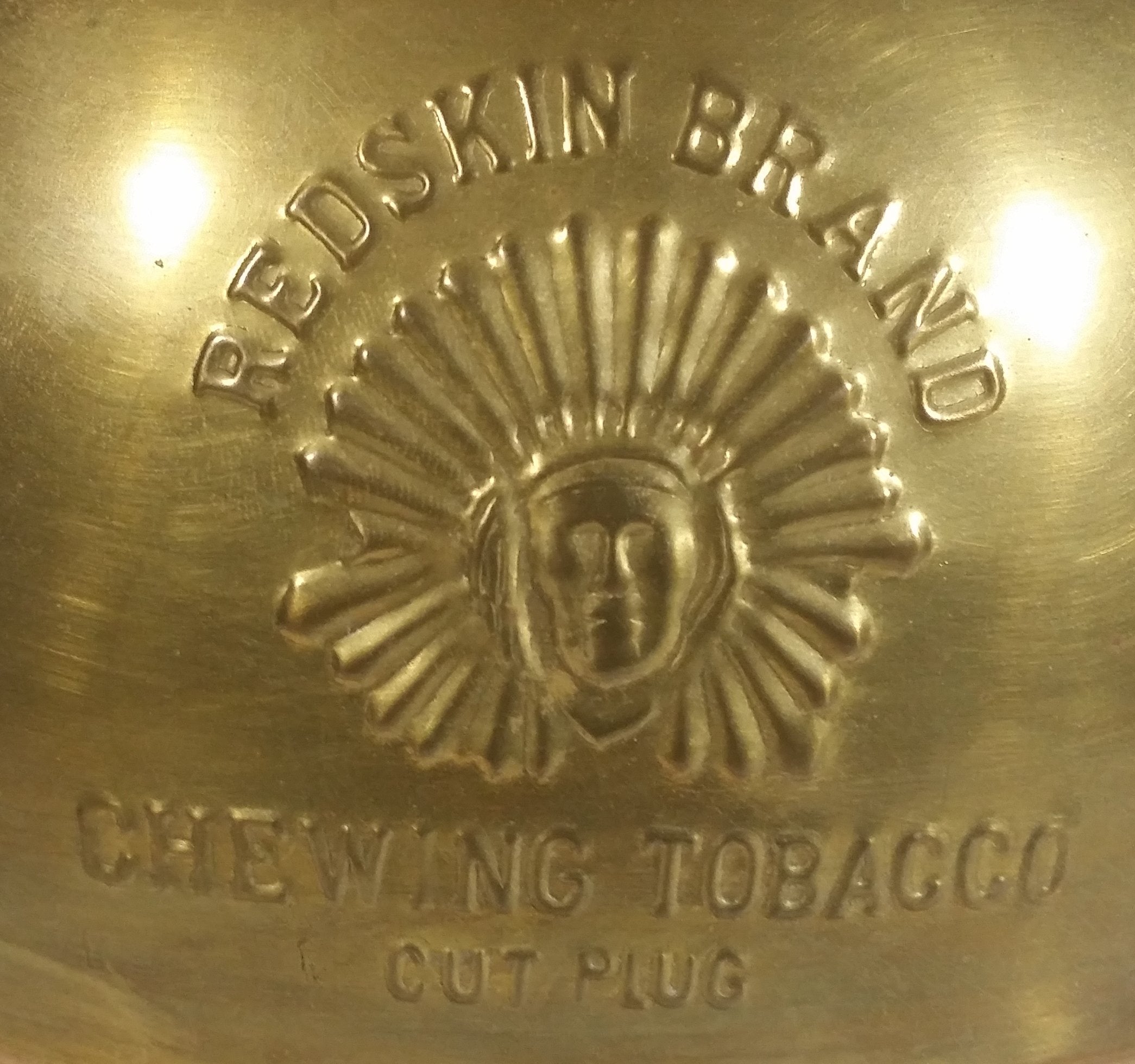 Antique Redskin Brand Chewing Tobacco Cut Plug Large Brass 10 1/4" Tall Spittoon 6