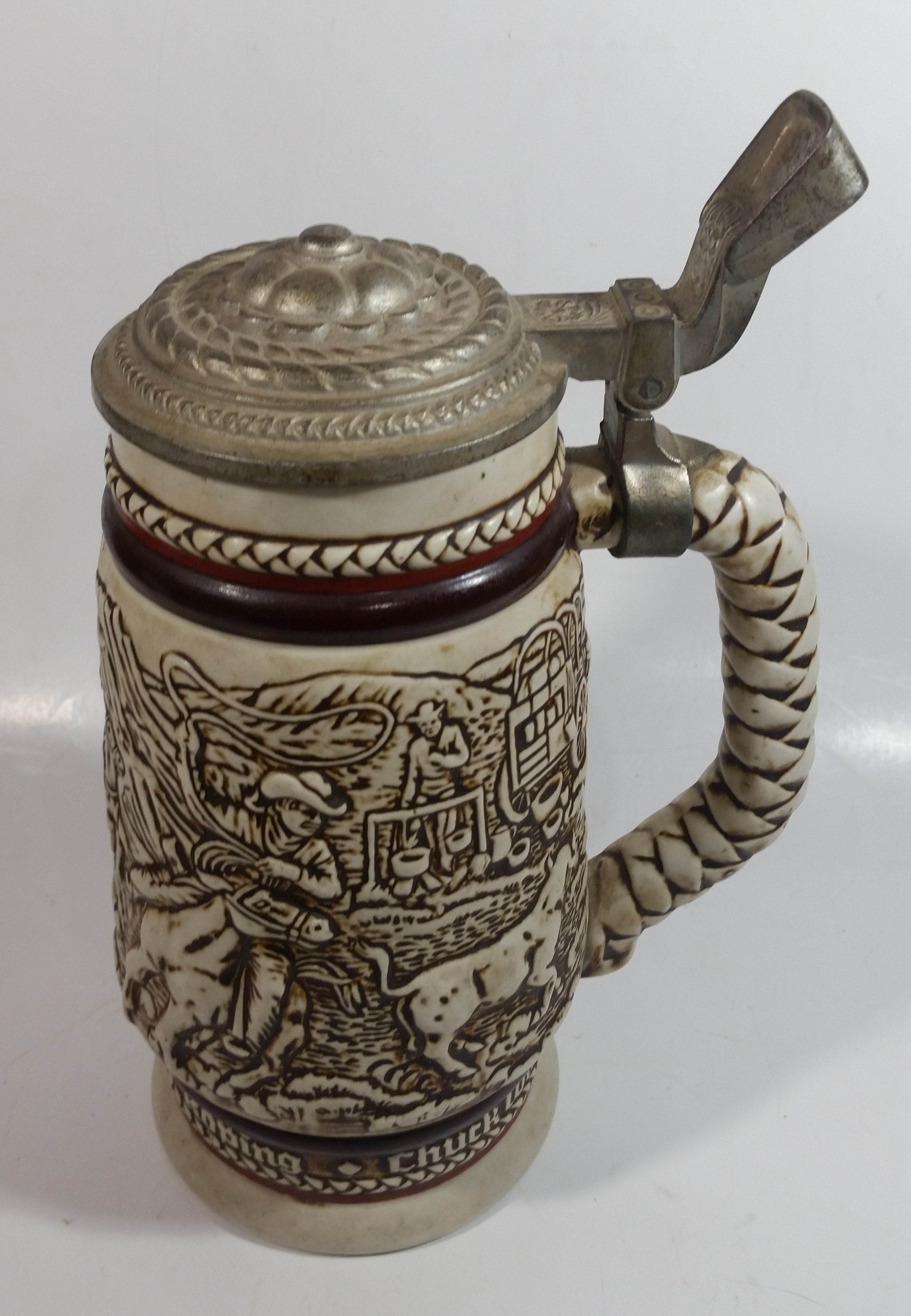 1981 Avon Western Roping, Chuck Wagon, Cattle Drive Ceramic Beer Stein with Lid 14