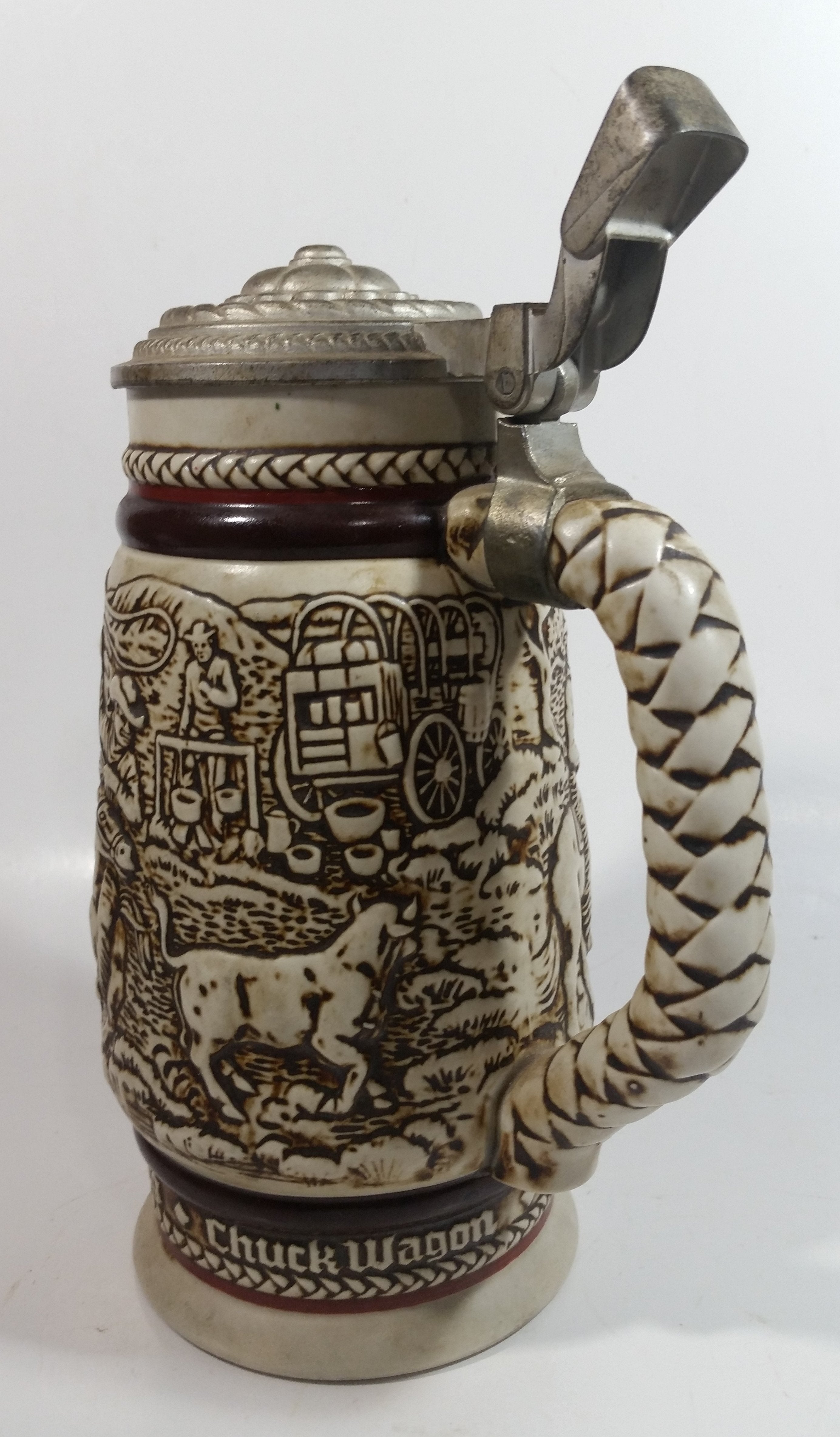 1981 Avon Western Roping, Chuck Wagon, Cattle Drive Ceramic Beer Stein with Lid 2