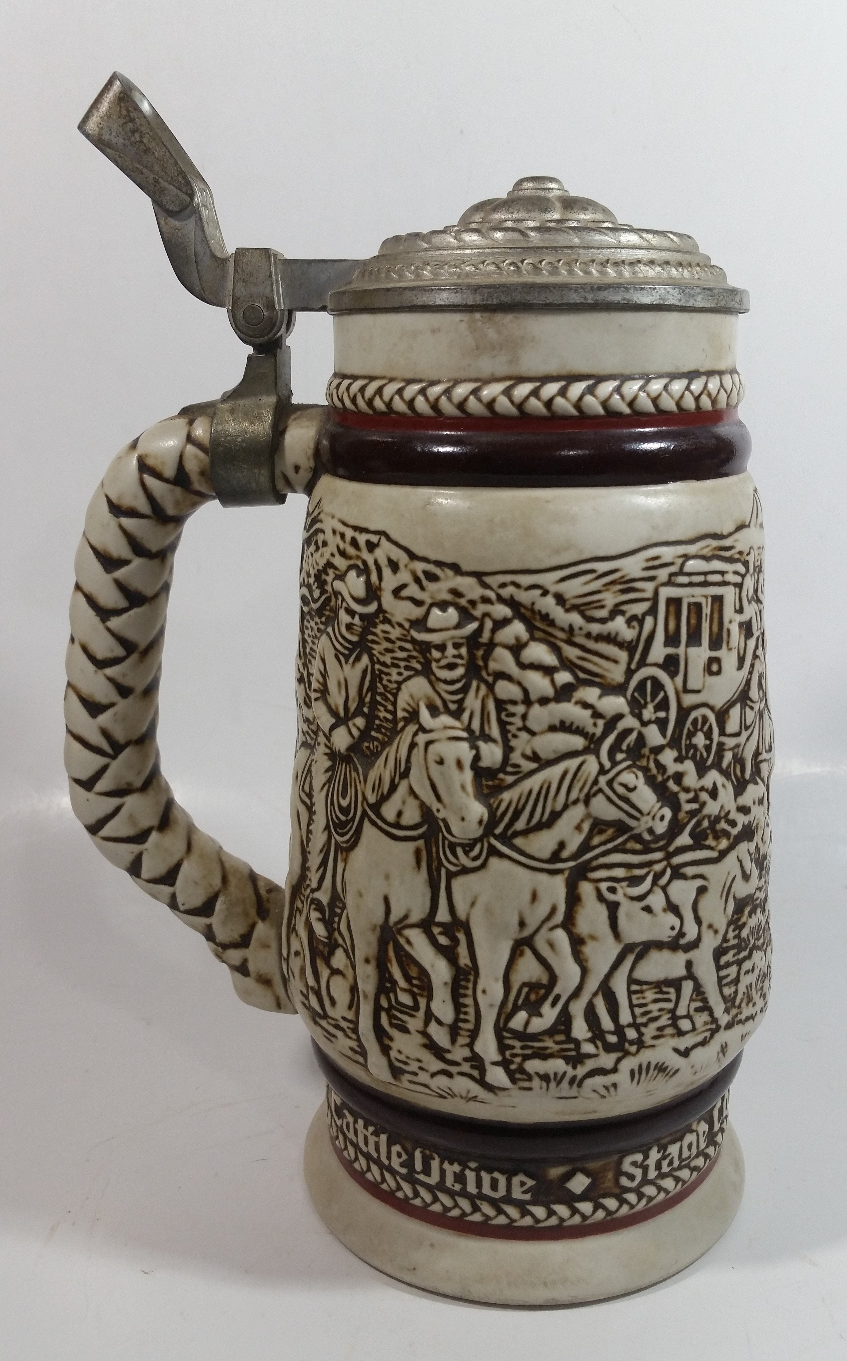 1981 Avon Western Roping, Chuck Wagon, Cattle Drive Ceramic Beer Stein with Lid 5
