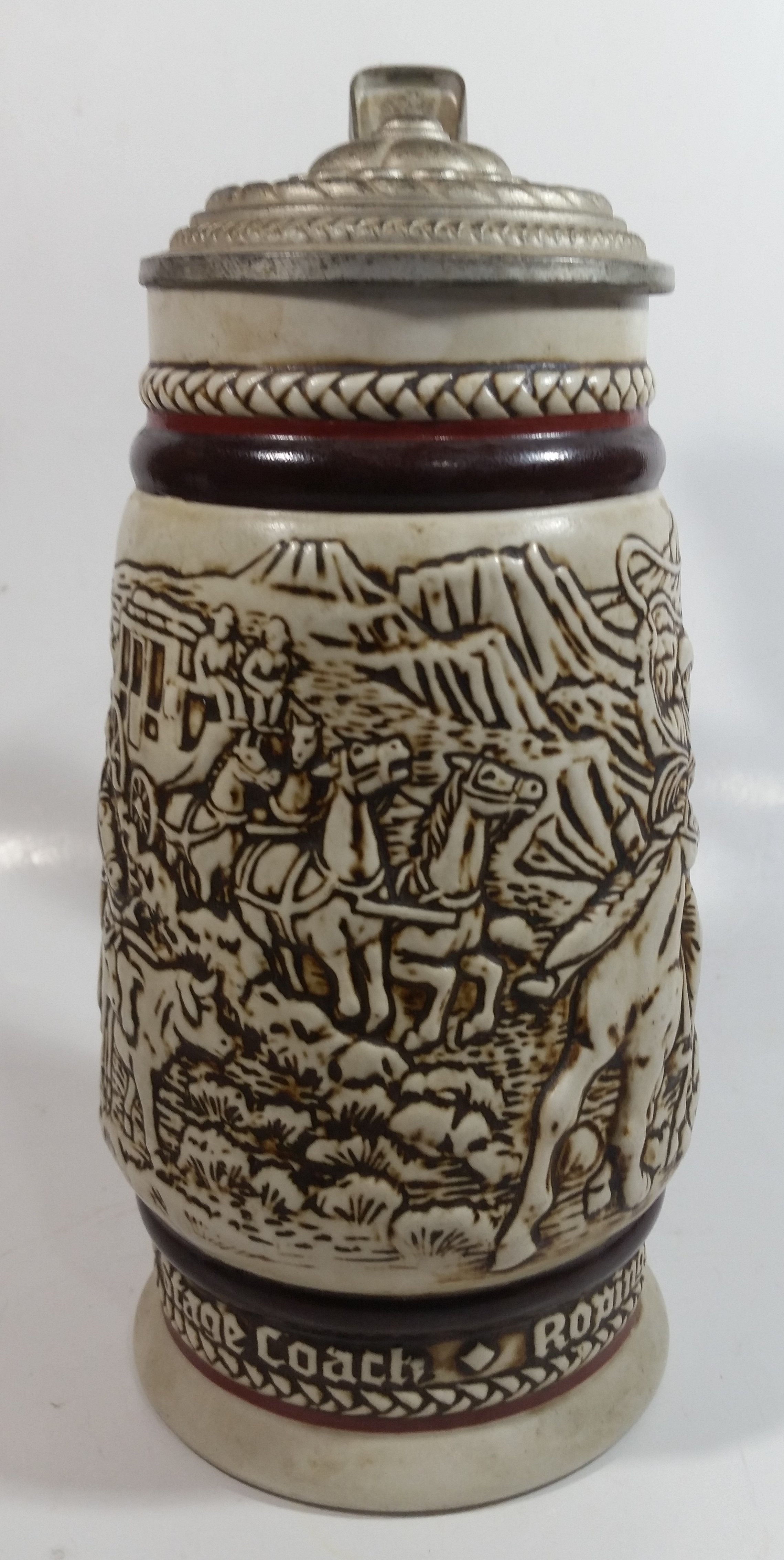 1981 Avon Western Roping, Chuck Wagon, Cattle Drive Ceramic Beer Stein with Lid 7