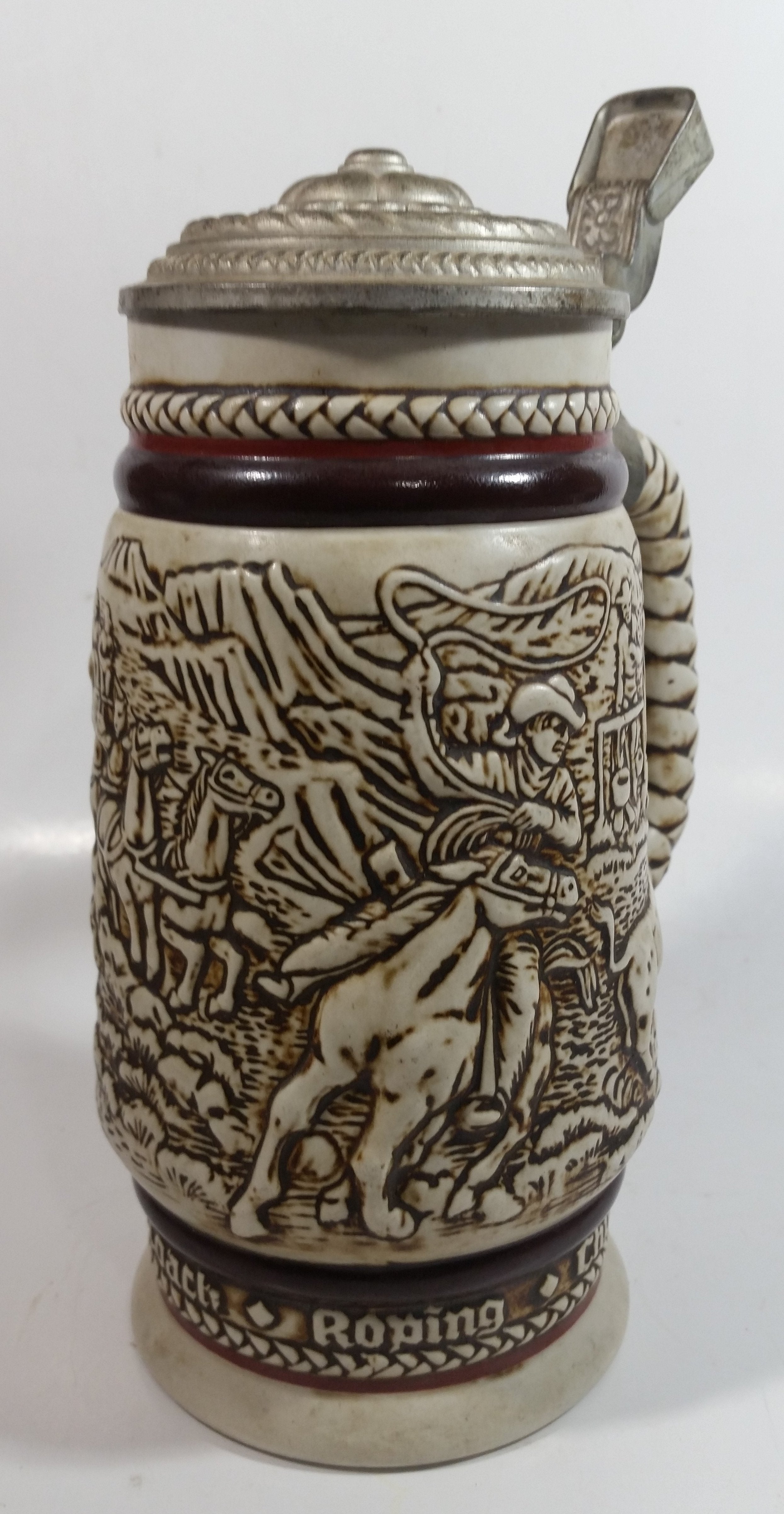 1981 Avon Western Roping, Chuck Wagon, Cattle Drive Ceramic Beer Stein with Lid 8