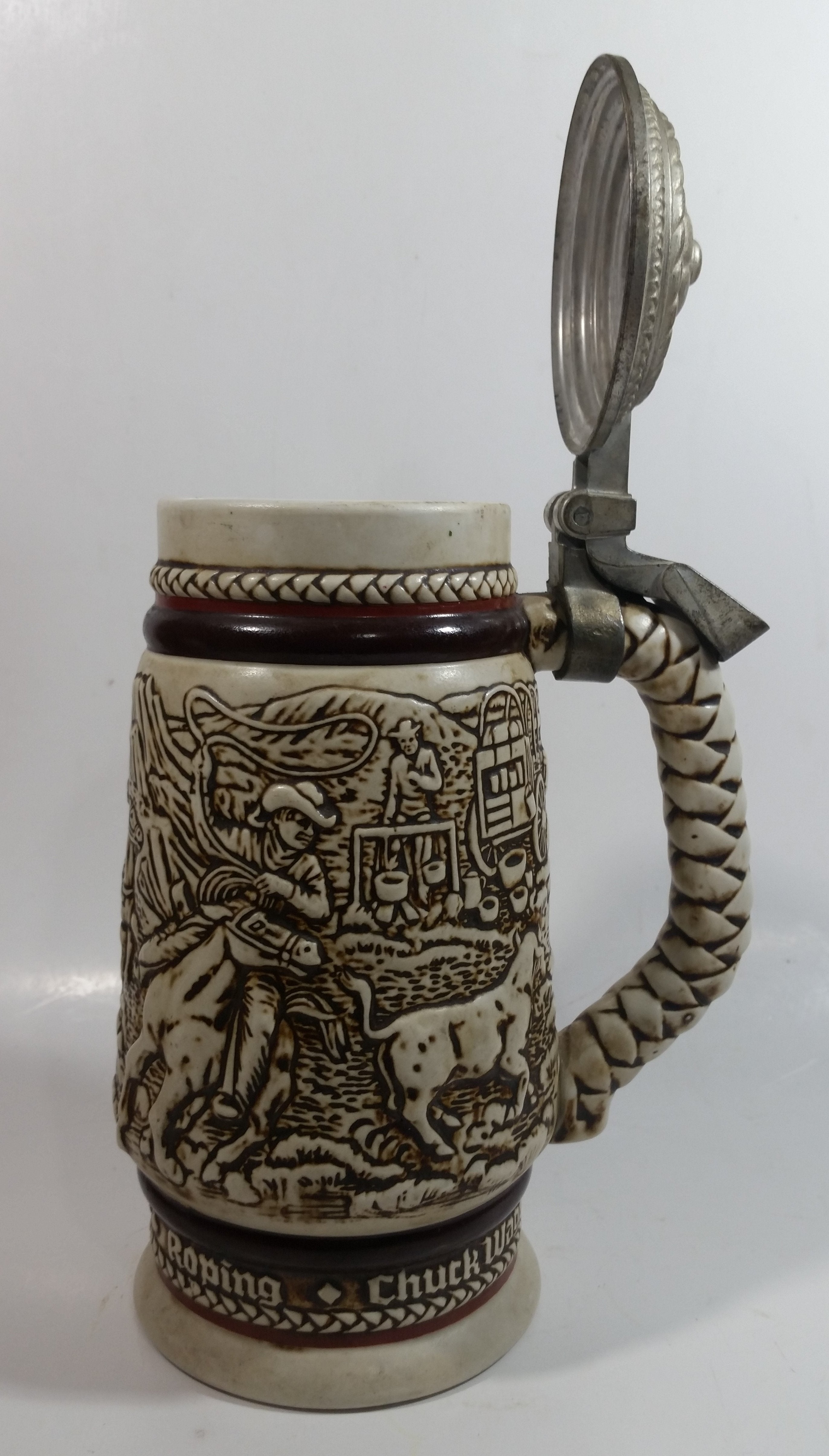 1981 Avon Western Roping, Chuck Wagon, Cattle Drive Ceramic Beer Stein with Lid 9