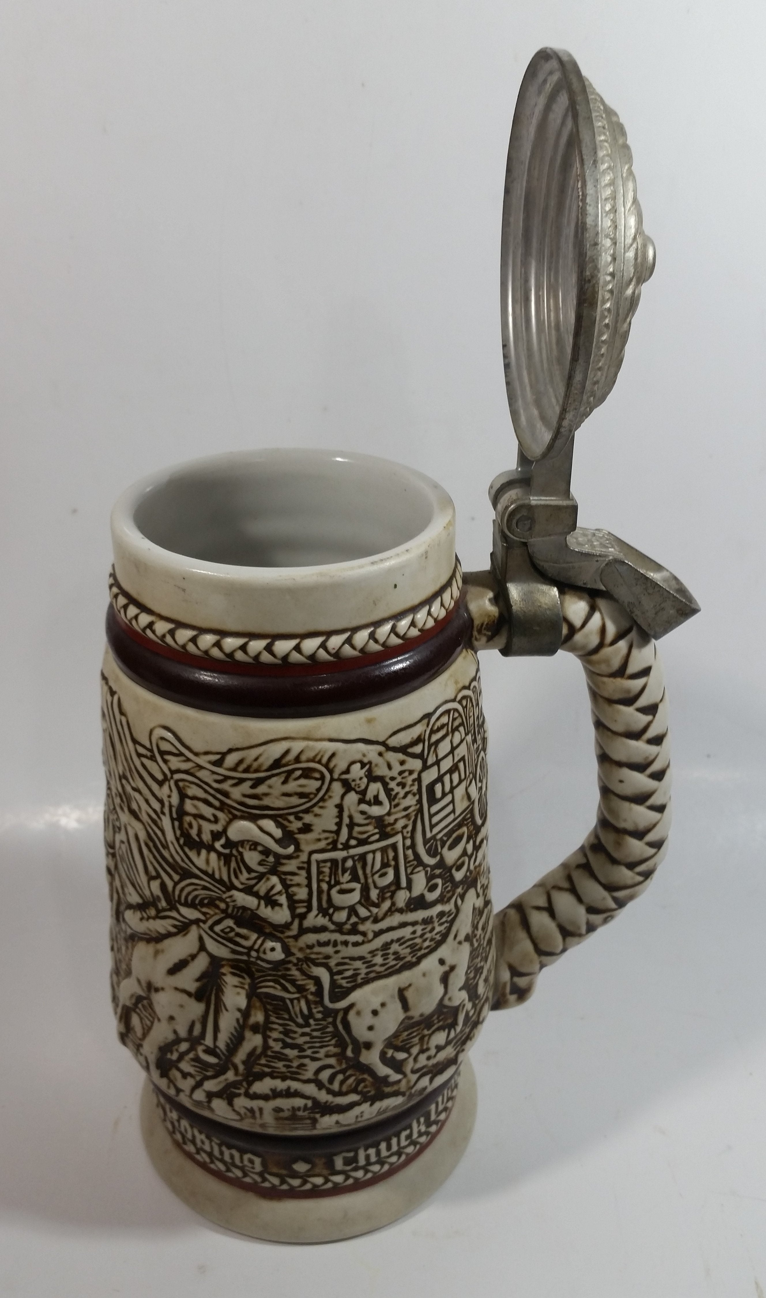 1981 Avon Western Roping, Chuck Wagon, Cattle Drive Ceramic Beer Stein with Lid 10