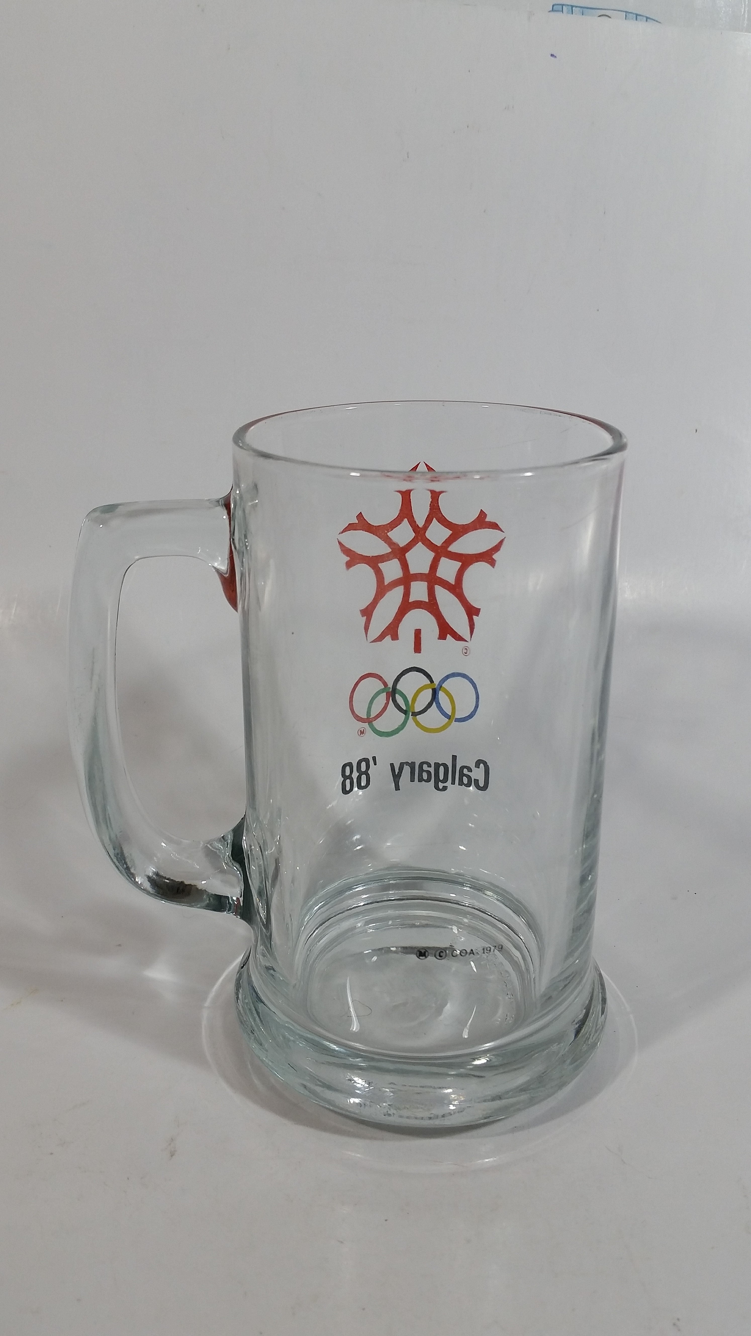 1988 Calgary Winter Olympic Games 5 1/2" Tall Glass Beer Mug 5