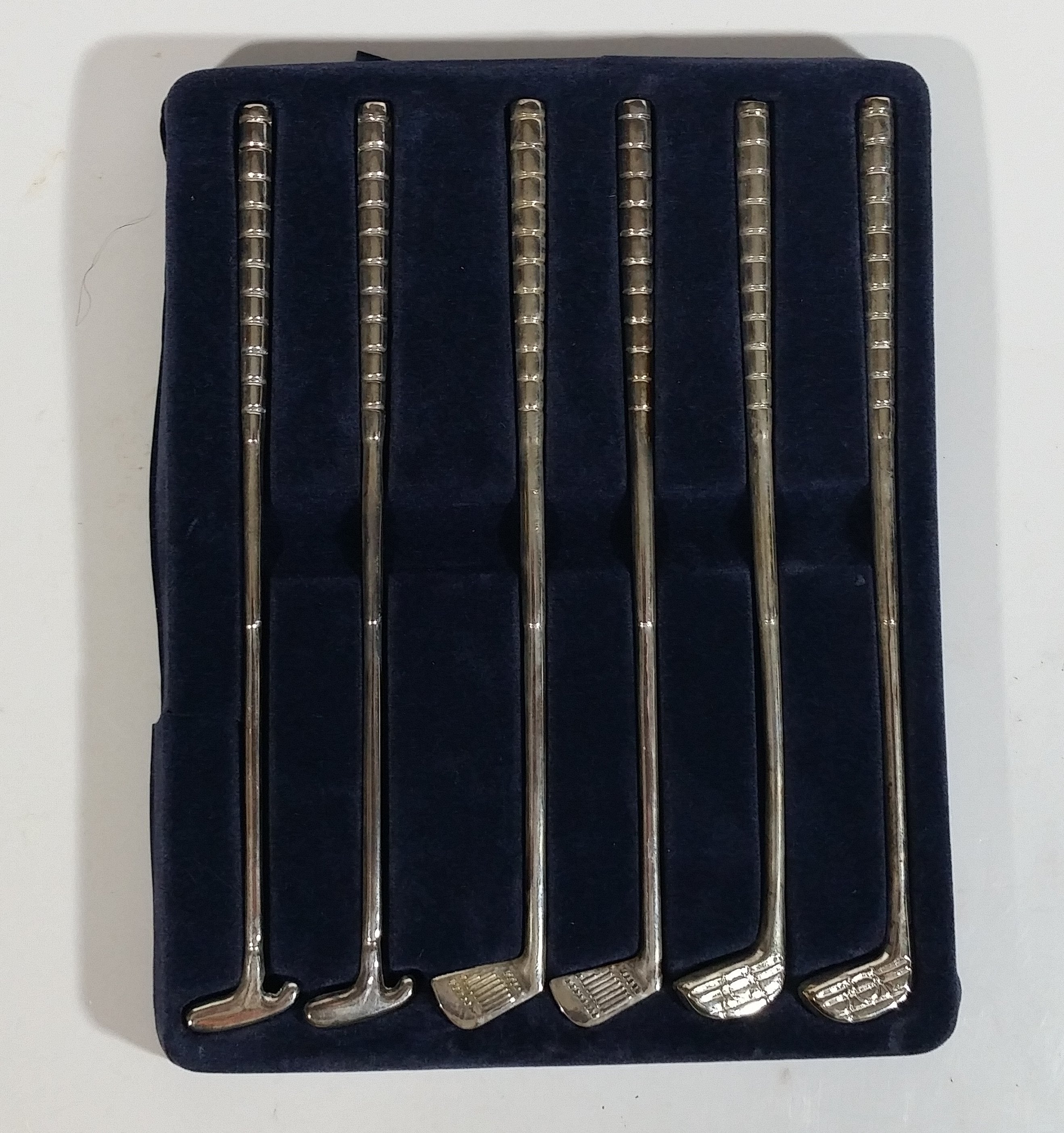 Full Set of 6 Elegance Silver Plated Zinc Miniature Golf Club Shaped Coffee Beverage Drink Stir Stirring Sticks 6" Long