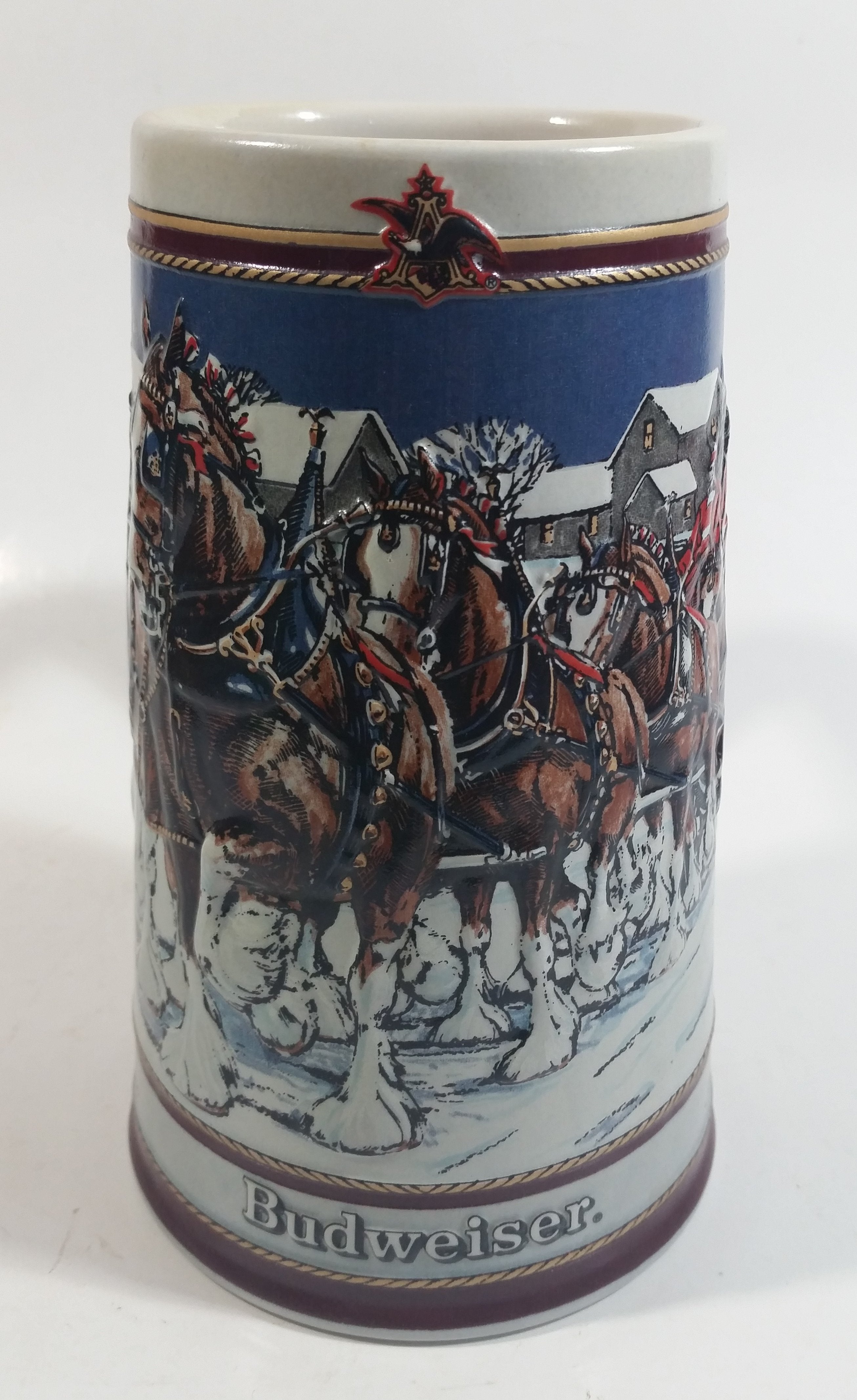 1989 Budweiser Holiday Stein Collection Collector's Series "The hitch on a winter's evening." Ceramic Beer Stein - Handcrafted in Brazil by Ceramarte