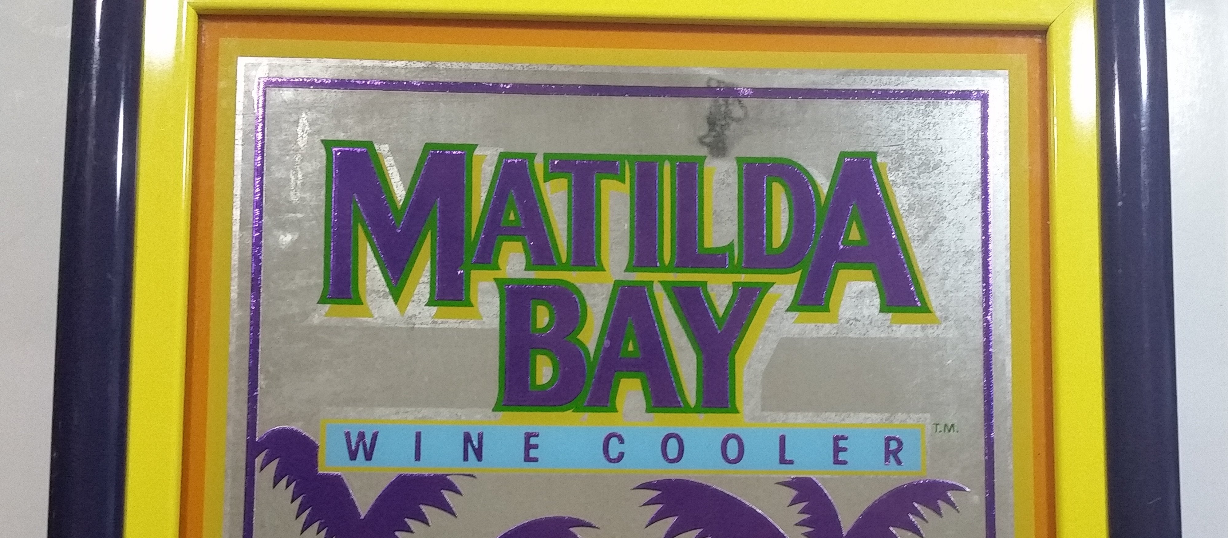 Beeco Matilda Bay Wine Cooler Purple Yellow Blue Tropical Palm Tree Themed 16" x 19" Purple Framed Glass Mirror Bar Pub Lounge Advertising Collectible 2