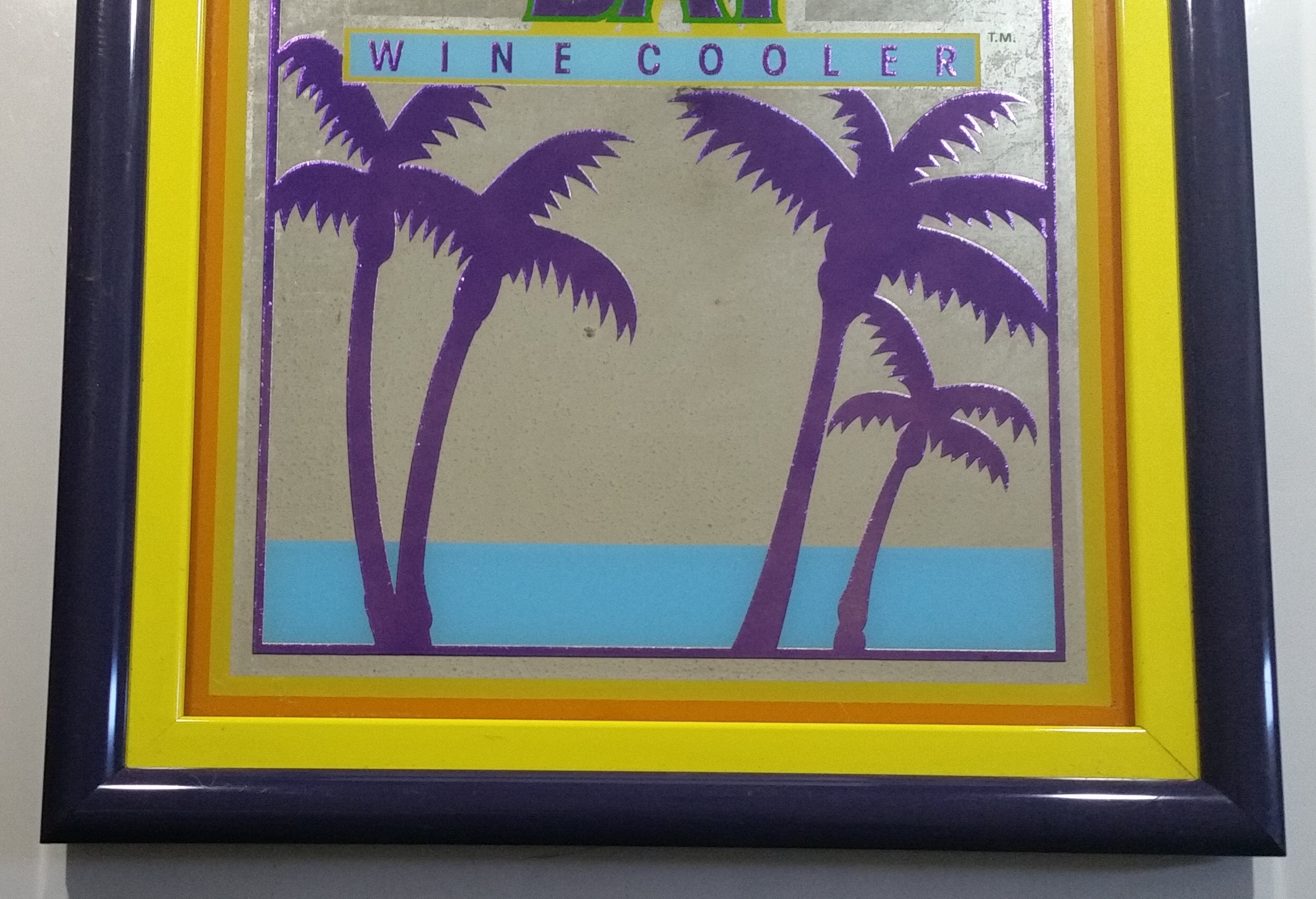 Beeco Matilda Bay Wine Cooler Purple Yellow Blue Tropical Palm Tree Themed 16" x 19" Purple Framed Glass Mirror Bar Pub Lounge Advertising Collectible 3