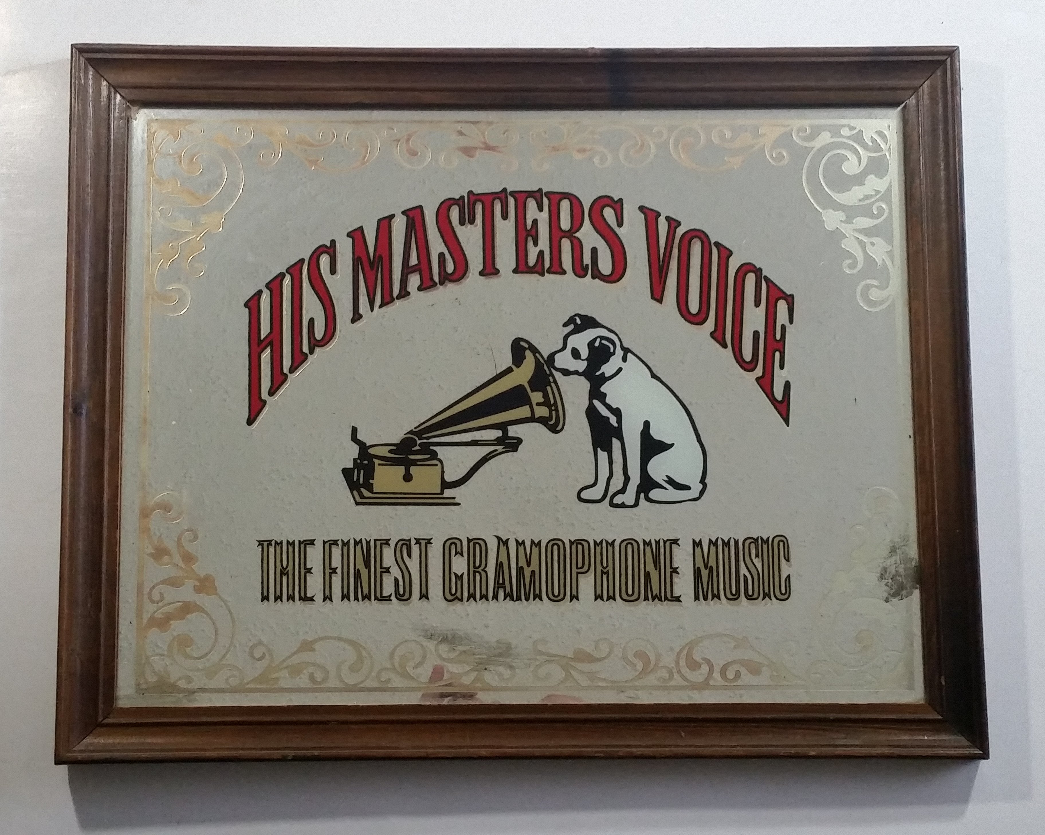 Vintage HMV His Master's Voice Wood Framed Advertising Mirror 15 1/2" x 20"