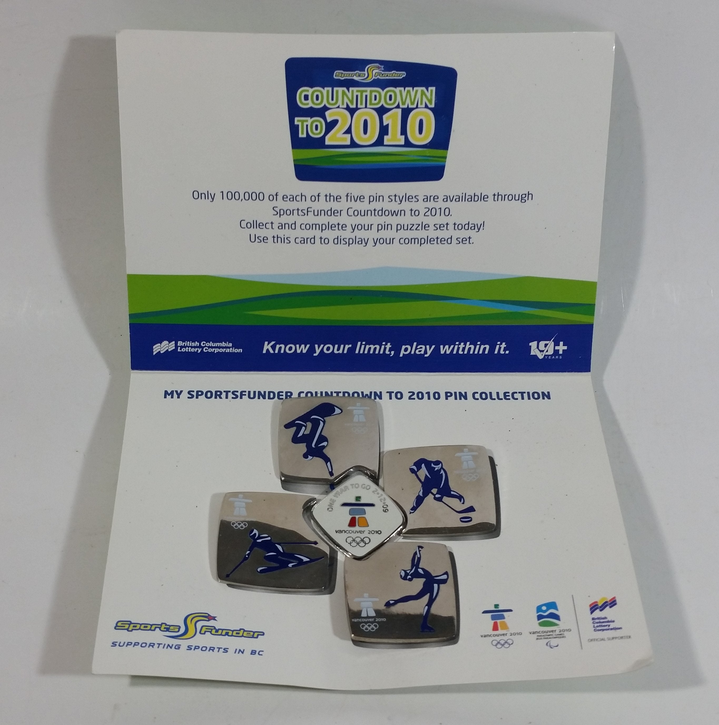 2010 Vancouver Olympic Games Countdown 5 Pin Puzzle Shaped Set Snowboarding Hockey Downhill Skiing and Figure Skating 5