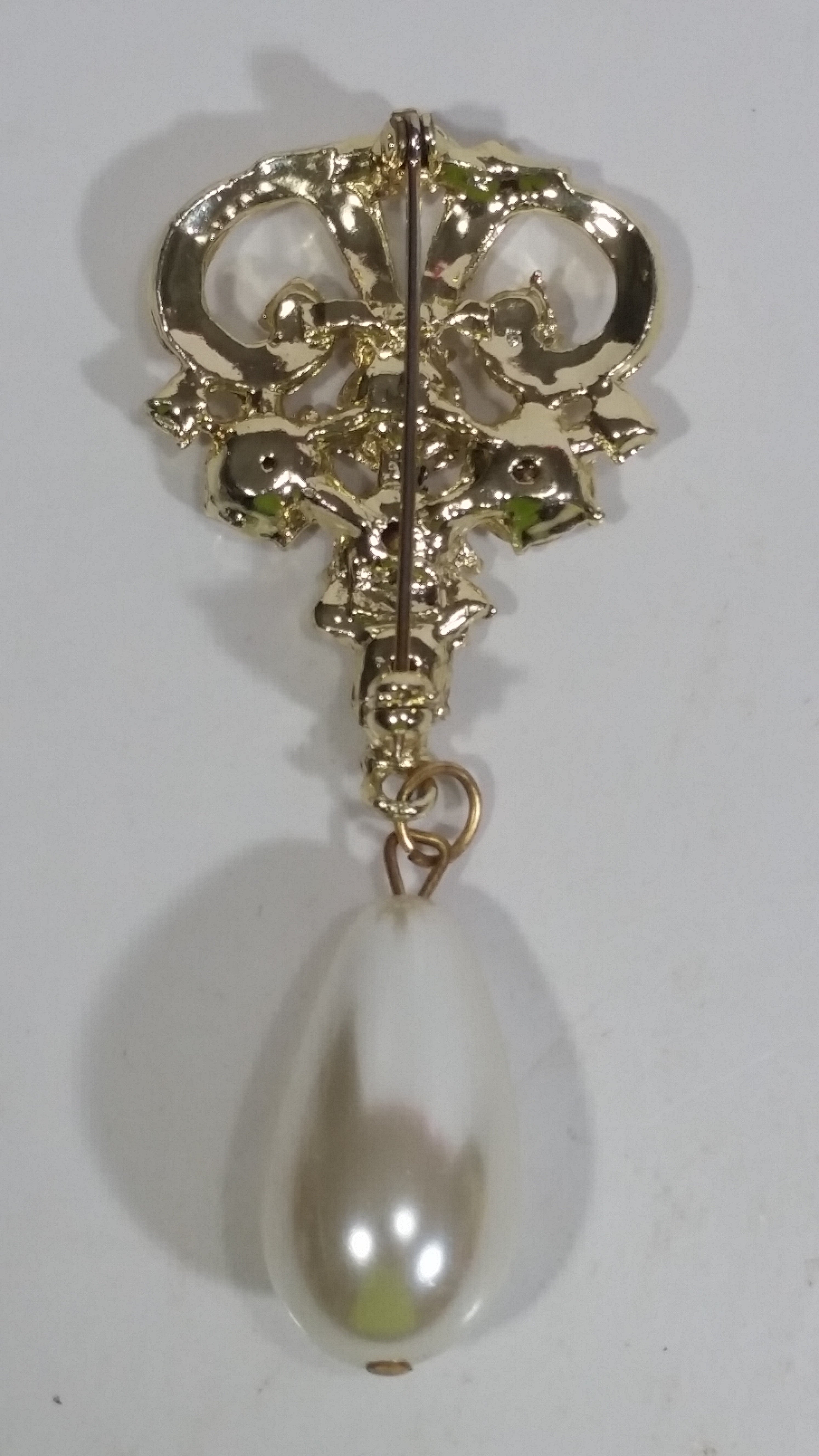 Clear Rhinestone Covered Gold Tone Crown with Dangling Pearl Style Water Drop Brooch 2