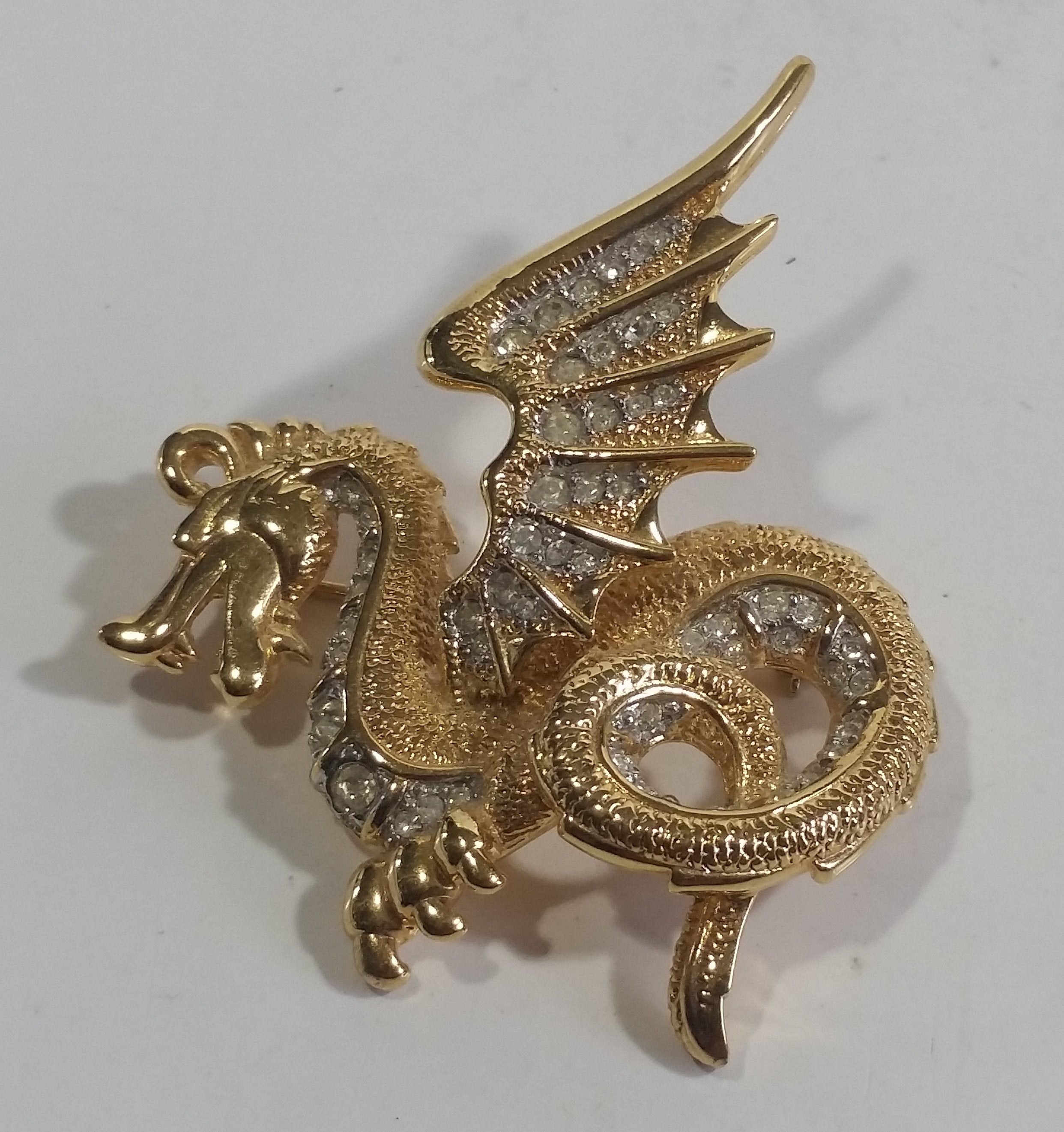 D'Orlan Clear Rhinestone Dragon Shaped Gold Tone Costume Jewelry Brooch 2