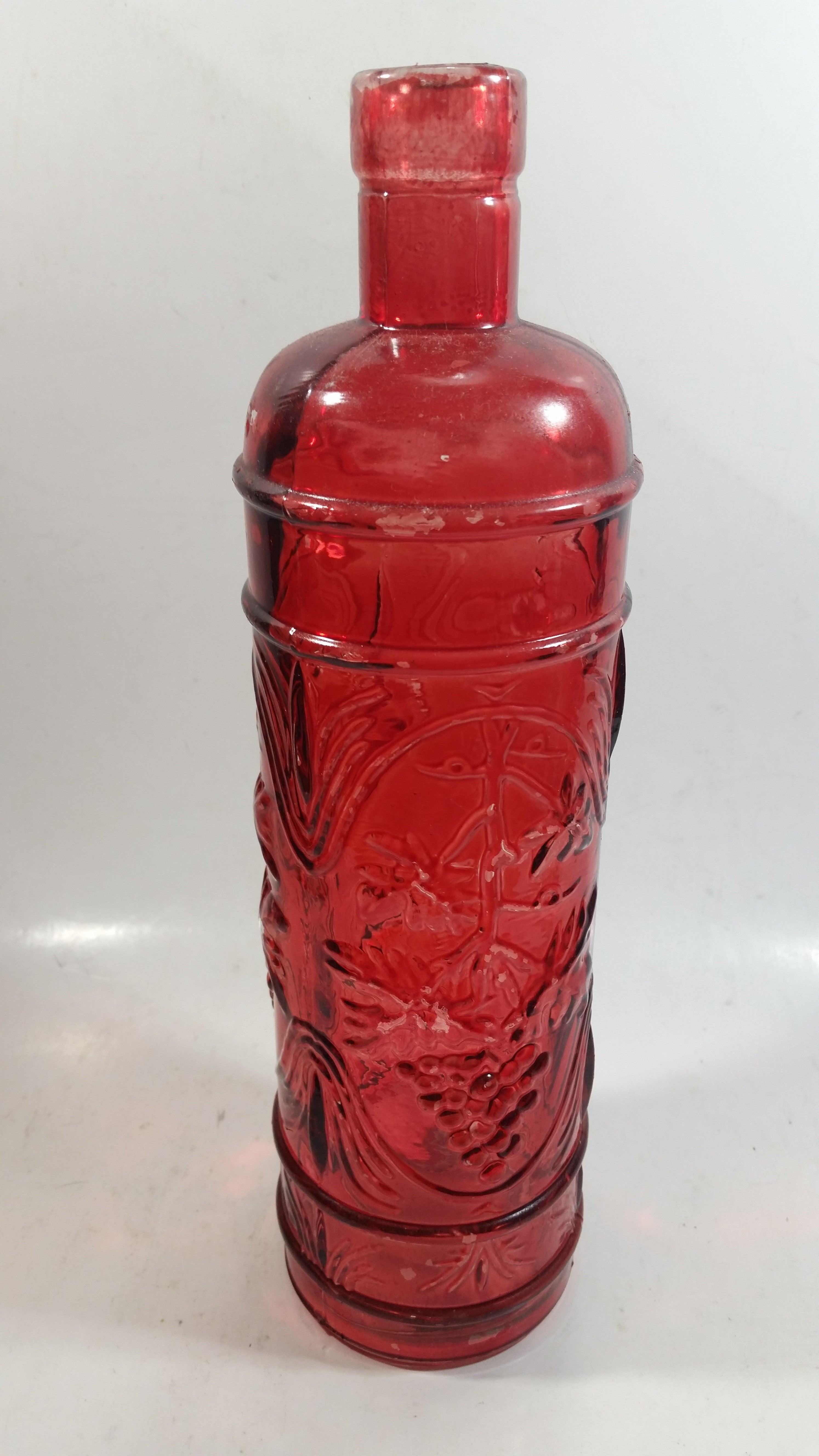 Vintage Red Painted Embossed Glass Wine Bottle Grape Vine 4