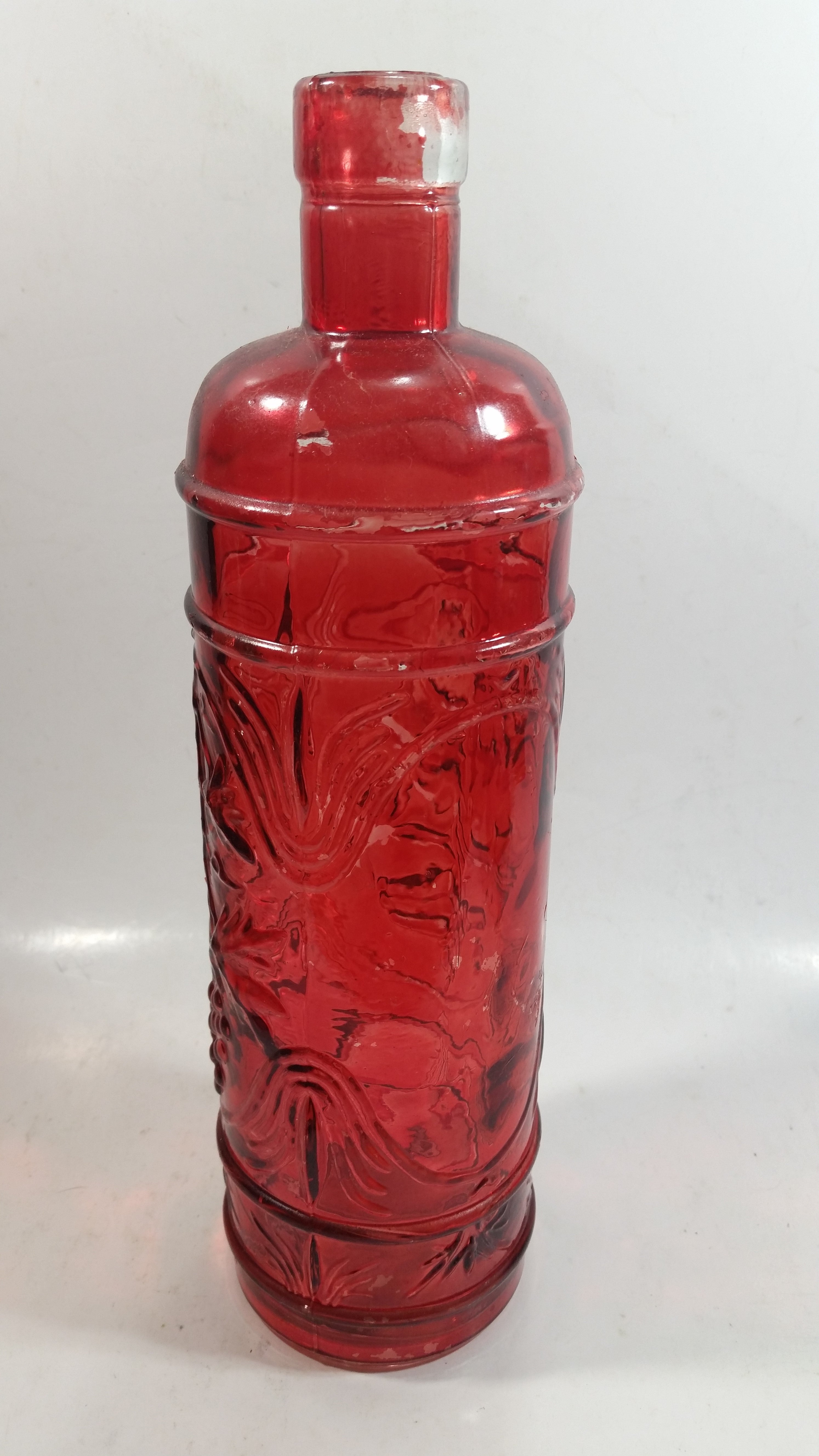Vintage Red Painted Embossed Glass Wine Bottle Grape Vine 7