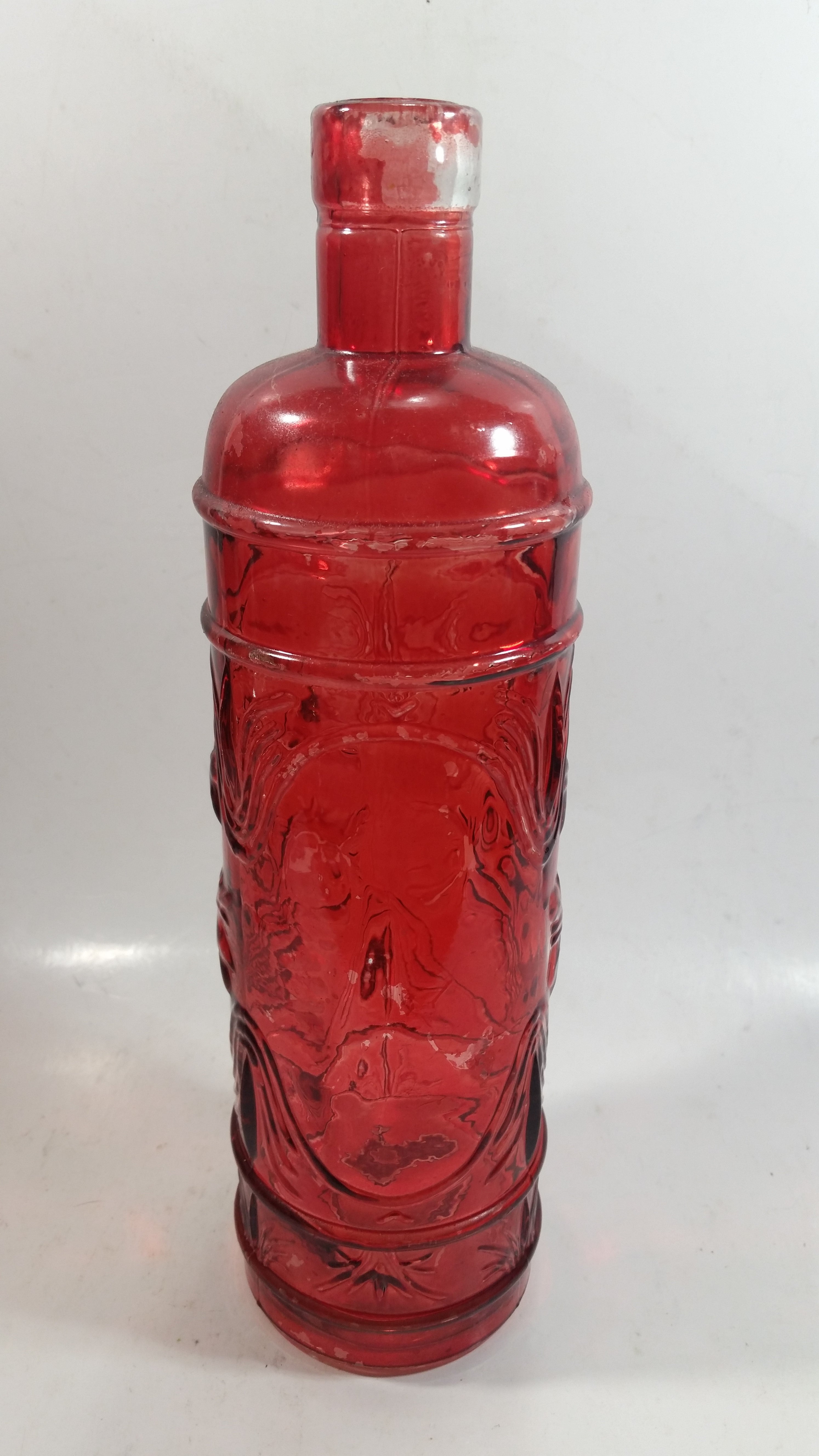 Vintage Red Painted Embossed Glass Wine Bottle Grape Vine 8
