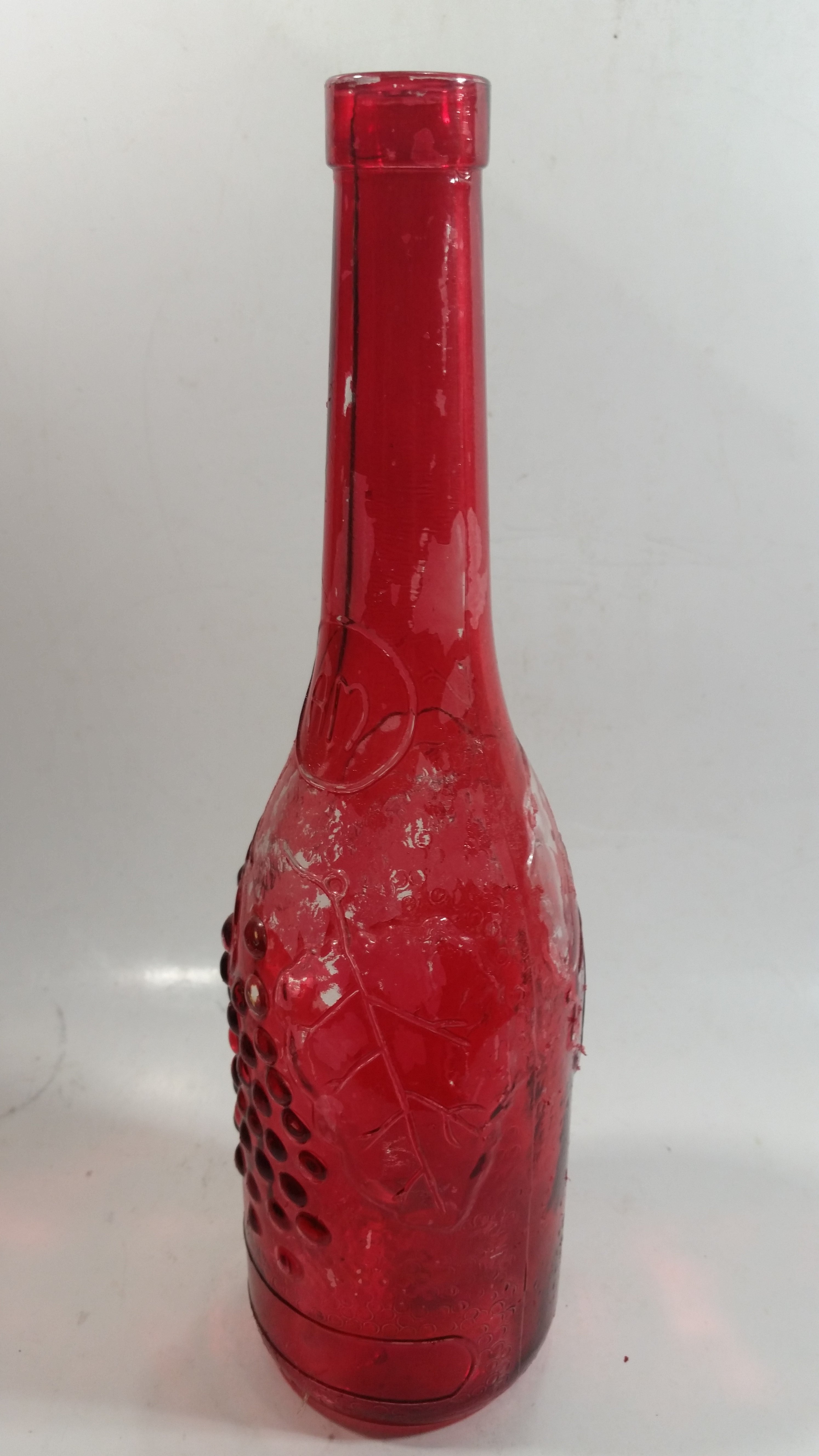 Vintage Red Painted Embossed Glass Wine Bottle Grapes AM 2