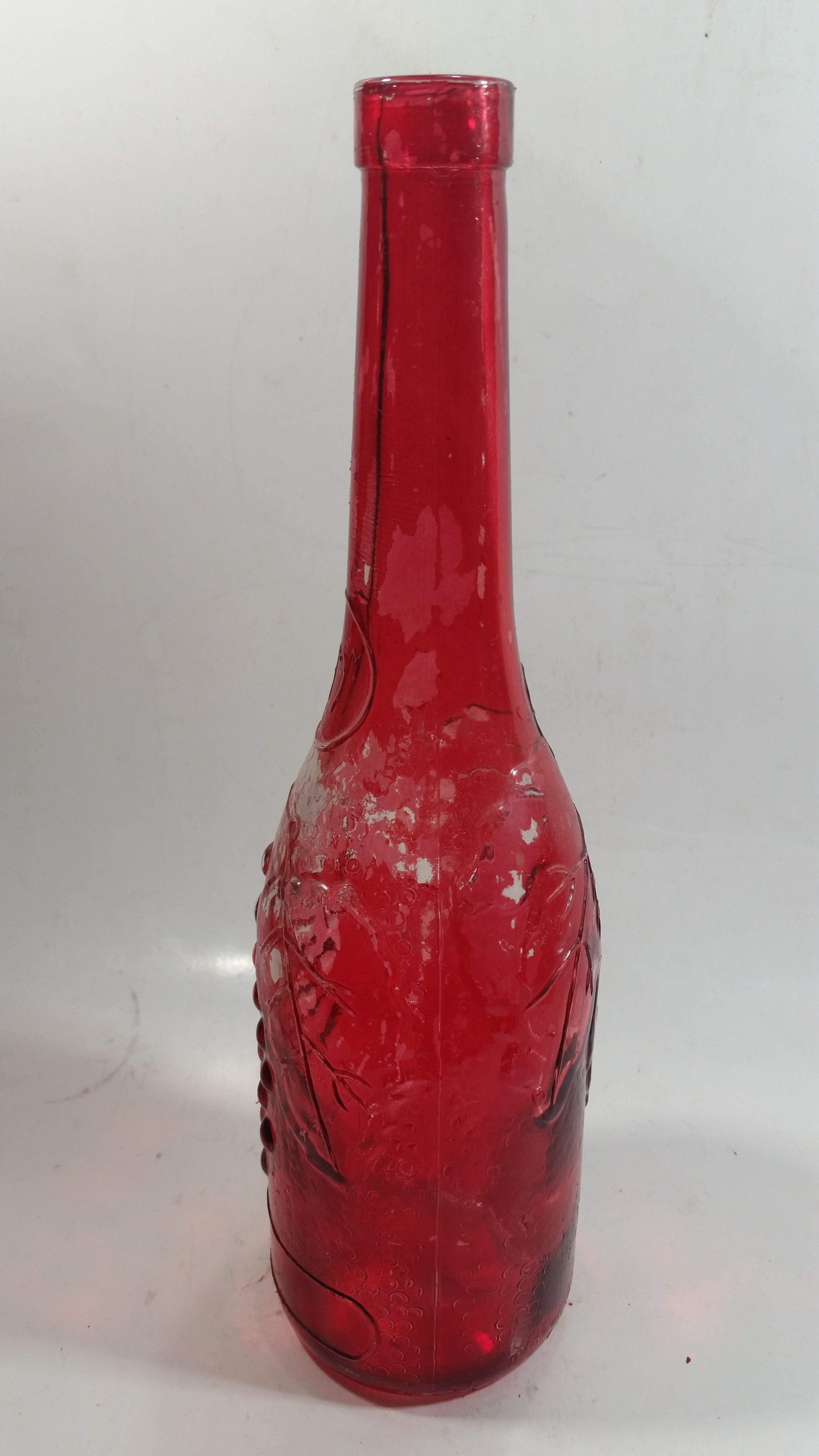 Vintage Red Painted Embossed Glass Wine Bottle Grapes AM 3