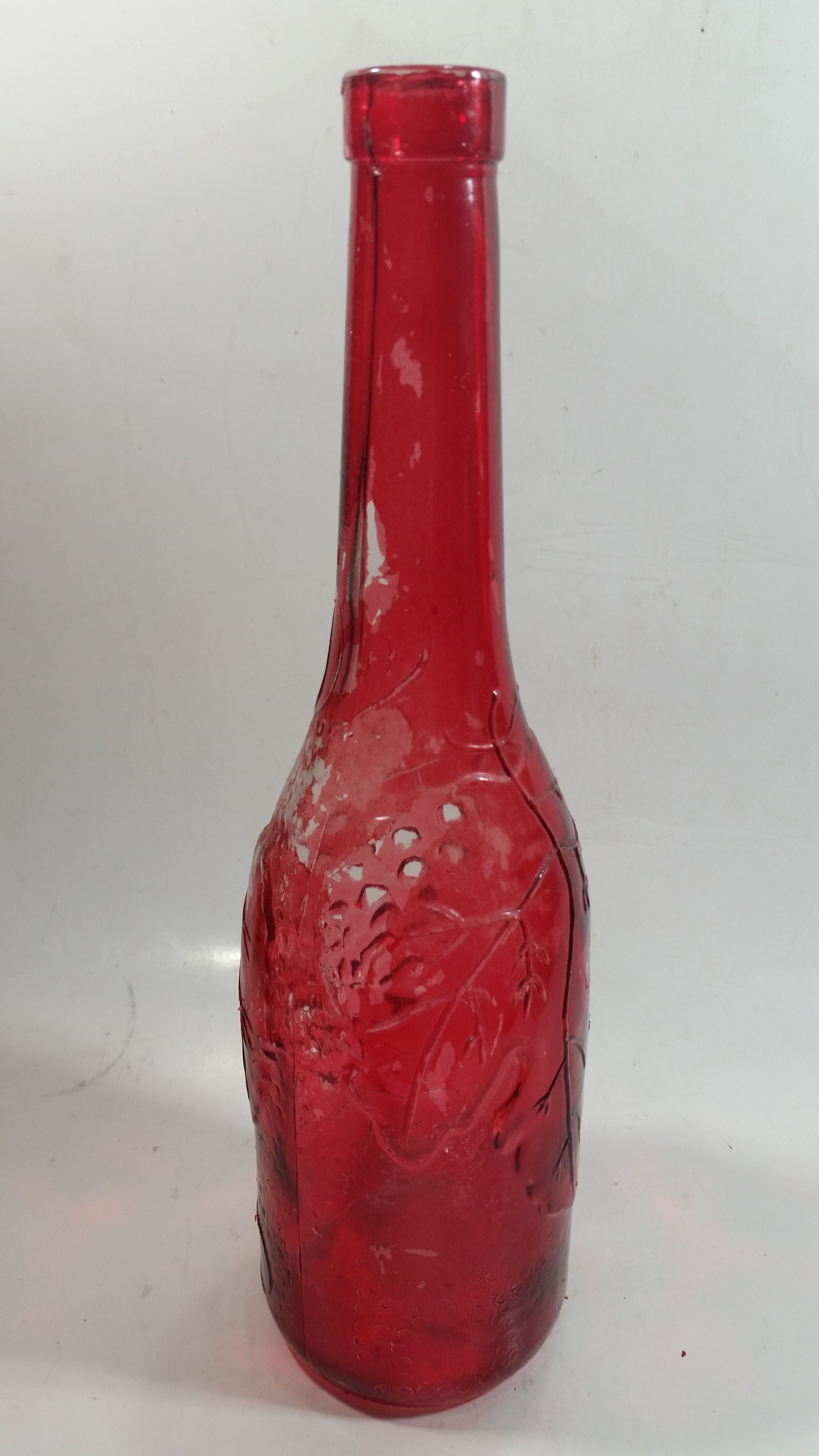 Vintage Red Painted Embossed Glass Wine Bottle Grapes AM 4