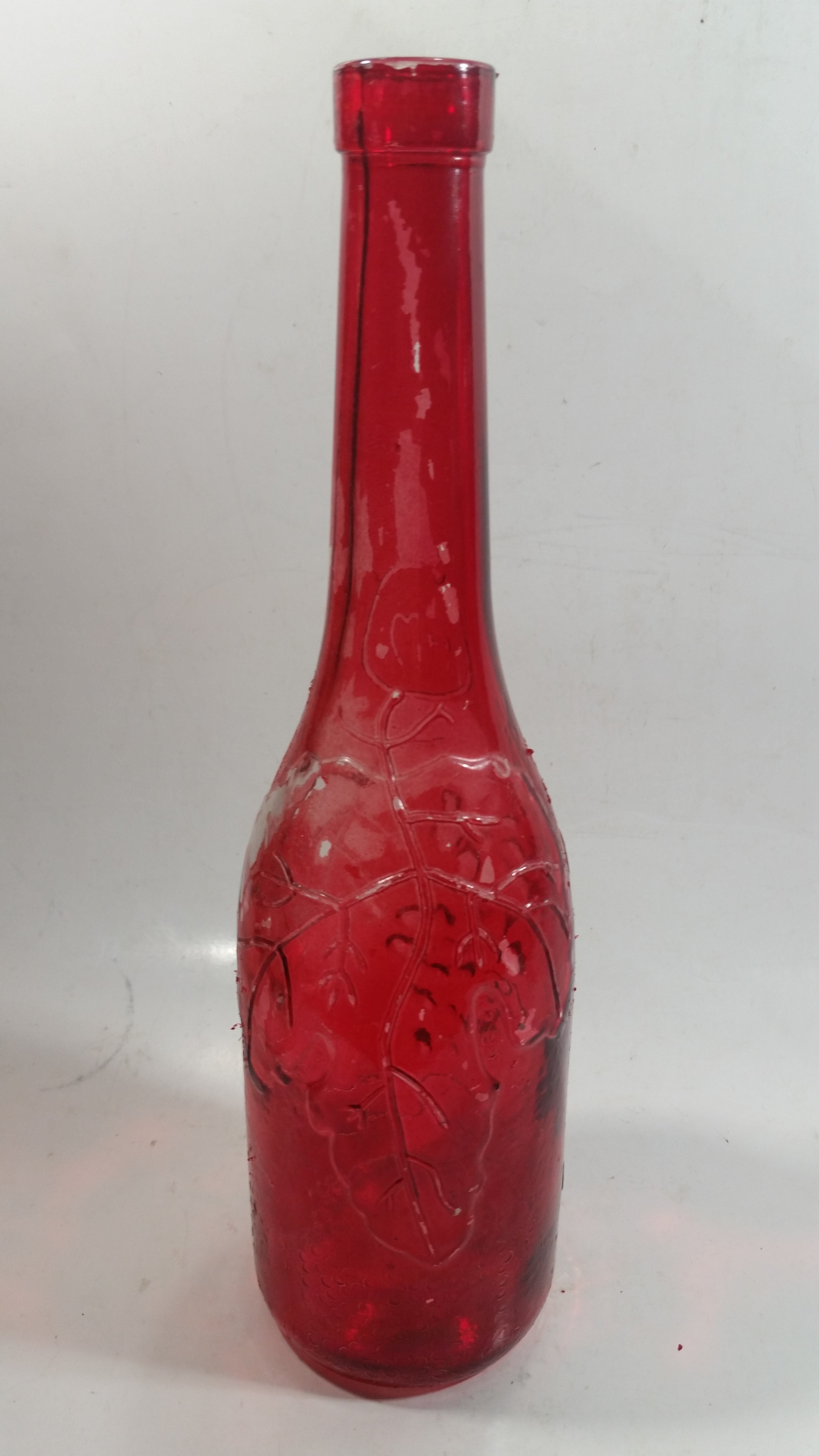 Vintage Red Painted Embossed Glass Wine Bottle Grapes AM 5