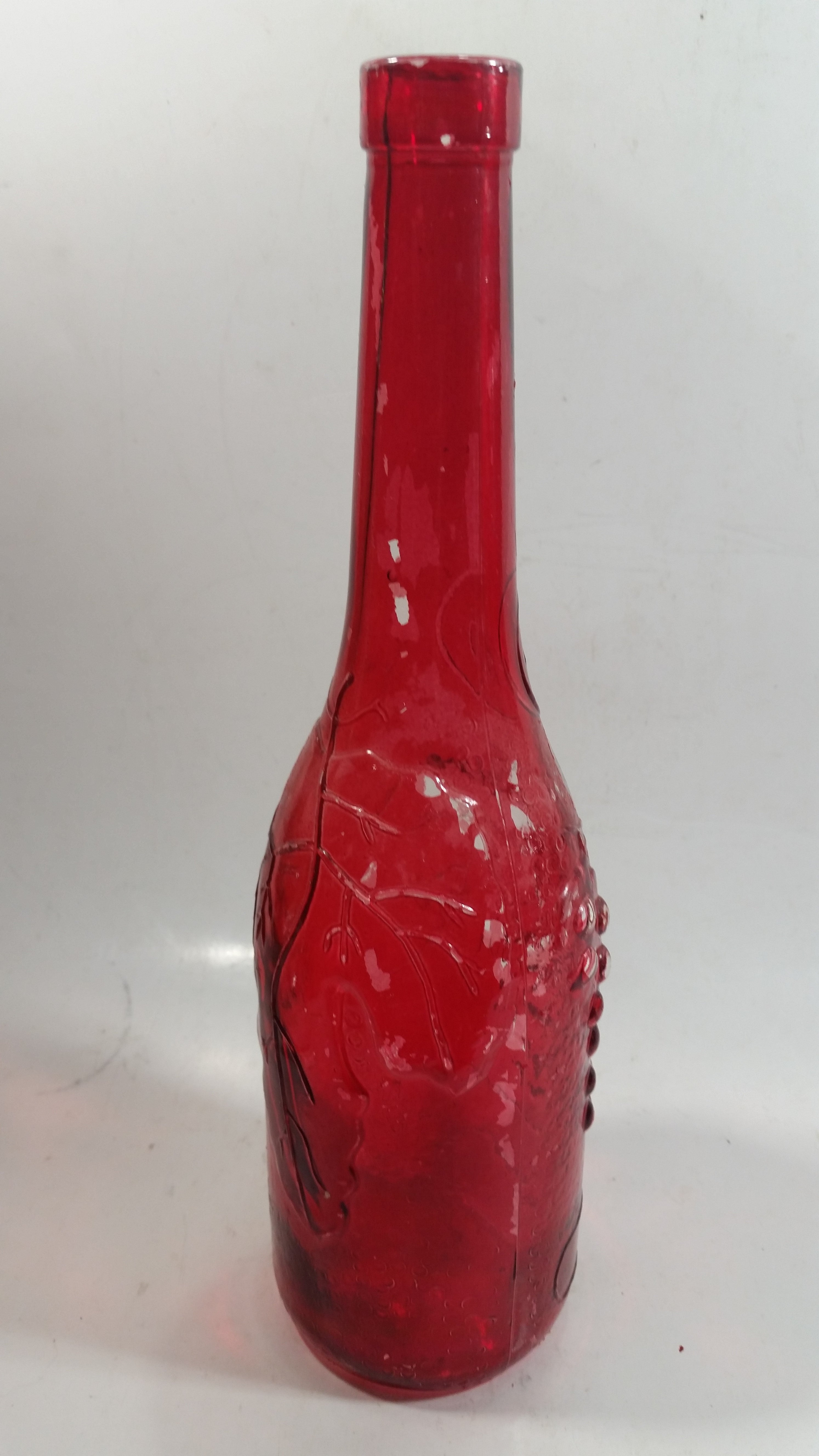 Vintage Red Painted Embossed Glass Wine Bottle Grapes AM 6