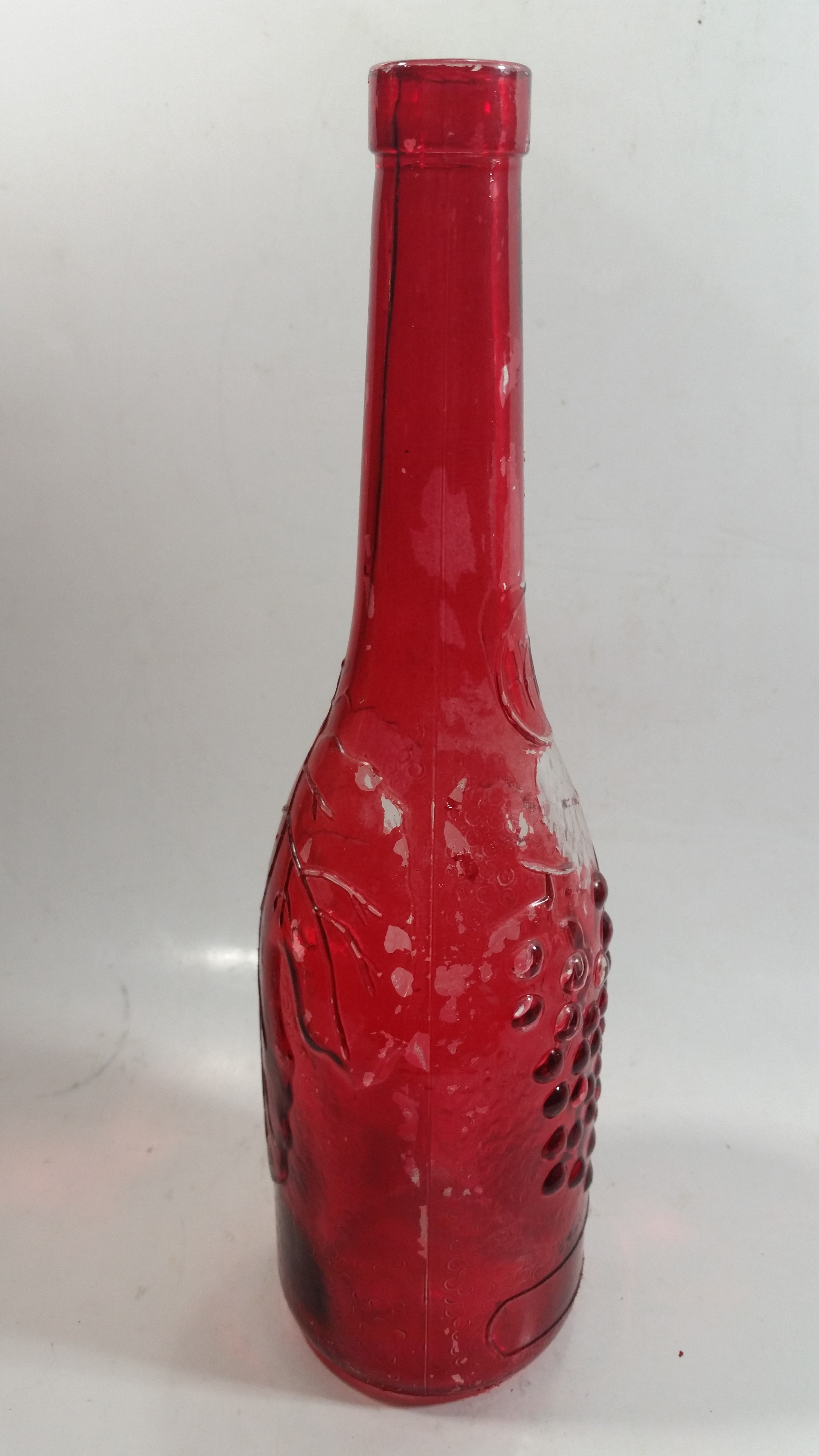 Vintage Red Painted Embossed Glass Wine Bottle Grapes AM 7