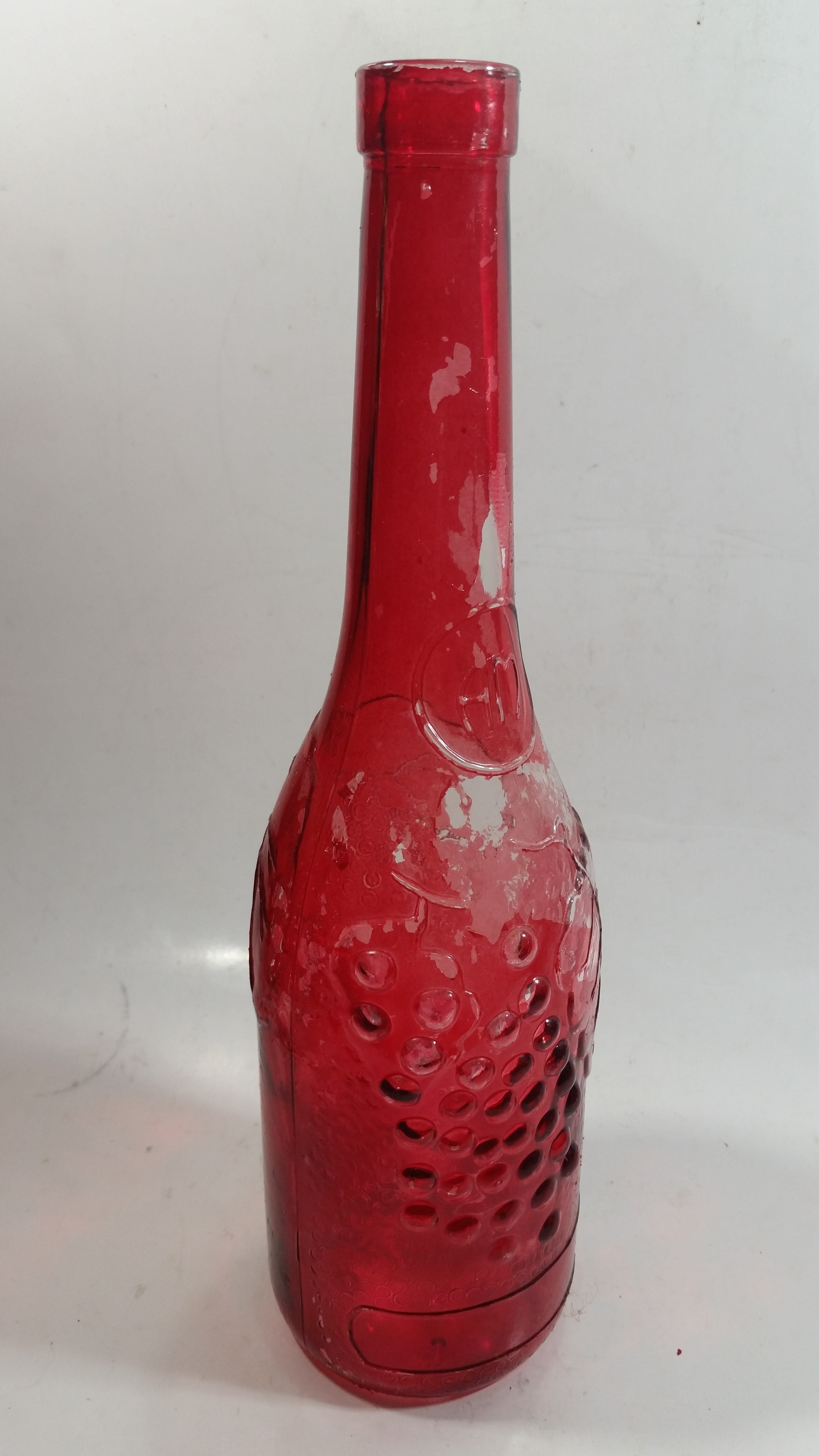 Vintage Red Painted Embossed Glass Wine Bottle Grapes AM 8