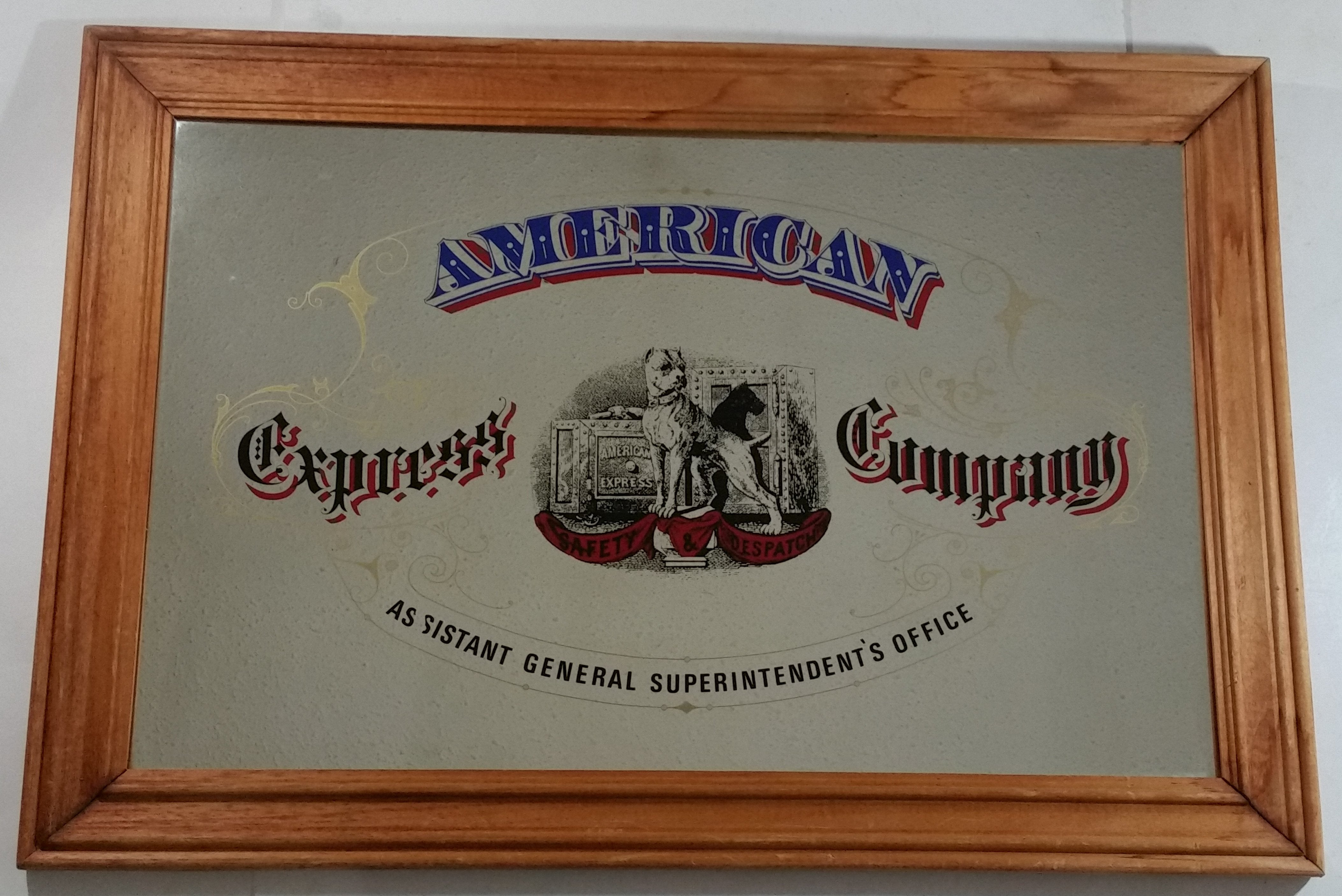 Vintage American Express "Assistant General Superintendent's Office" Large 21" x 30" Wood Framed Glass Mirror Advertisement