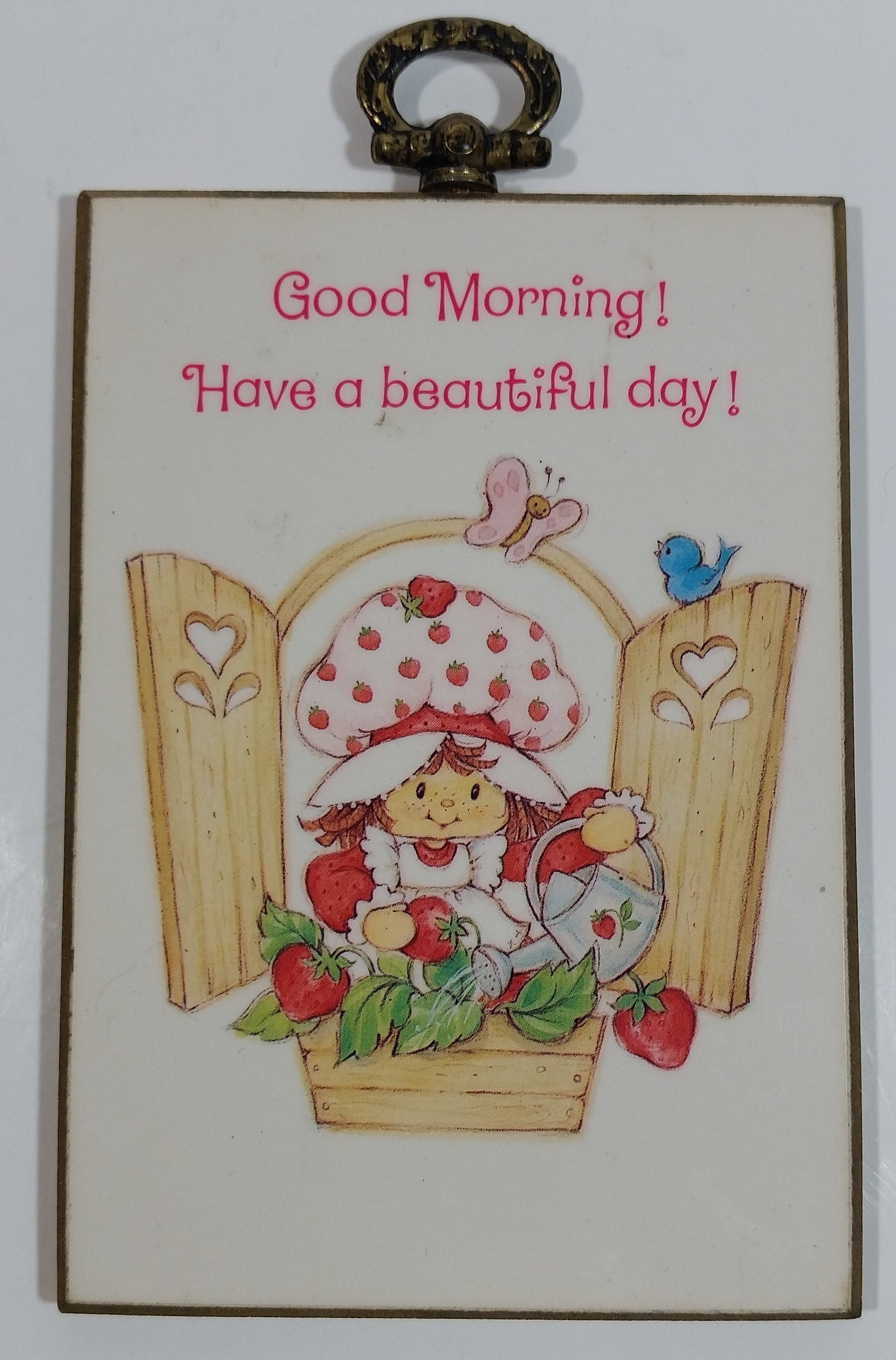 Rare Vintage Strawberry Shortcake Good Morning! Have a beautiful day! 3" x 5" Wood Plaque 1