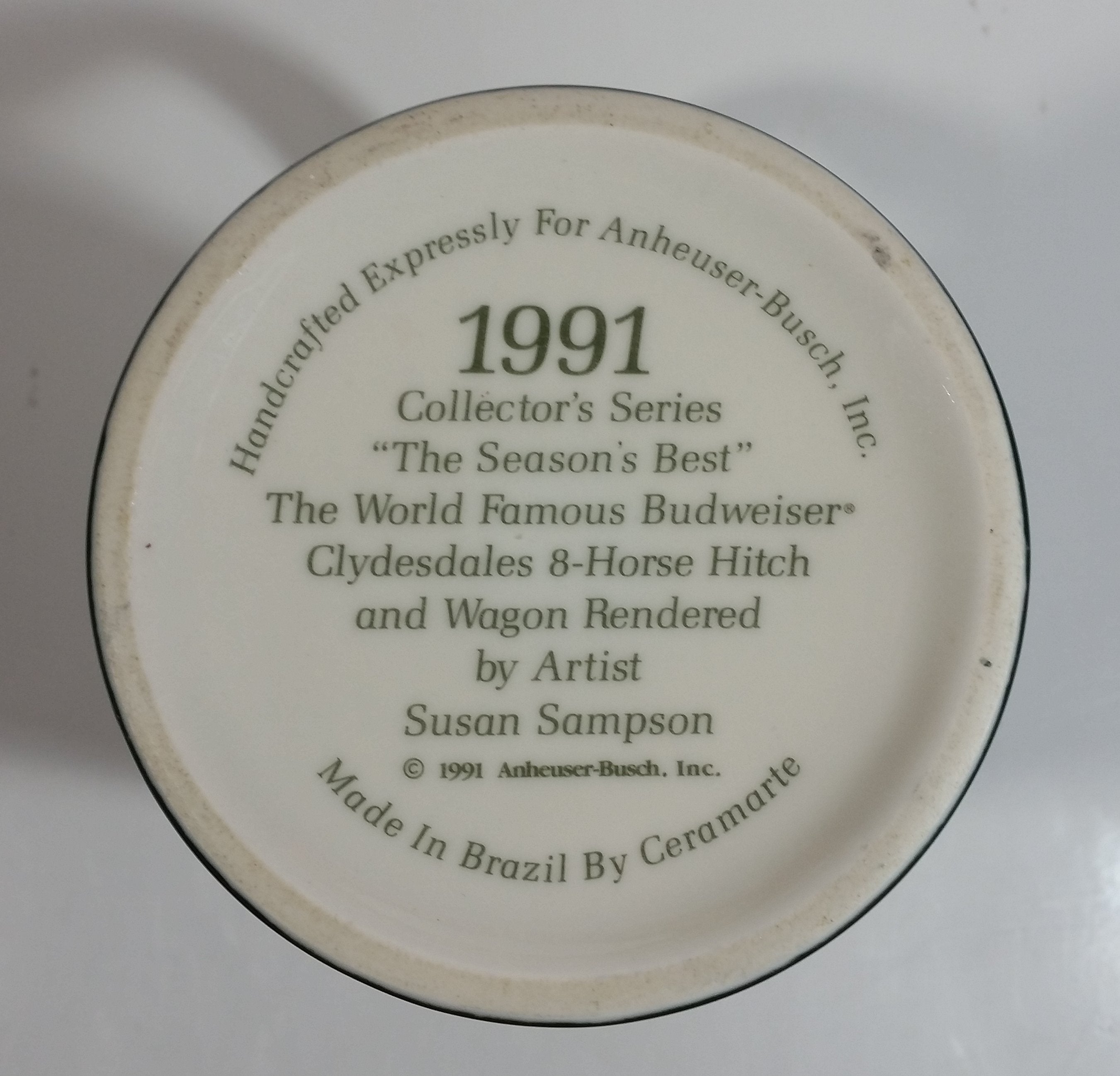 1991 Budweiser Holiday Stein Collection The Season's Best Ceramic Beer Stein By Artist Susan Sampson - Handcrafted in Brazil by Ceramarte 10