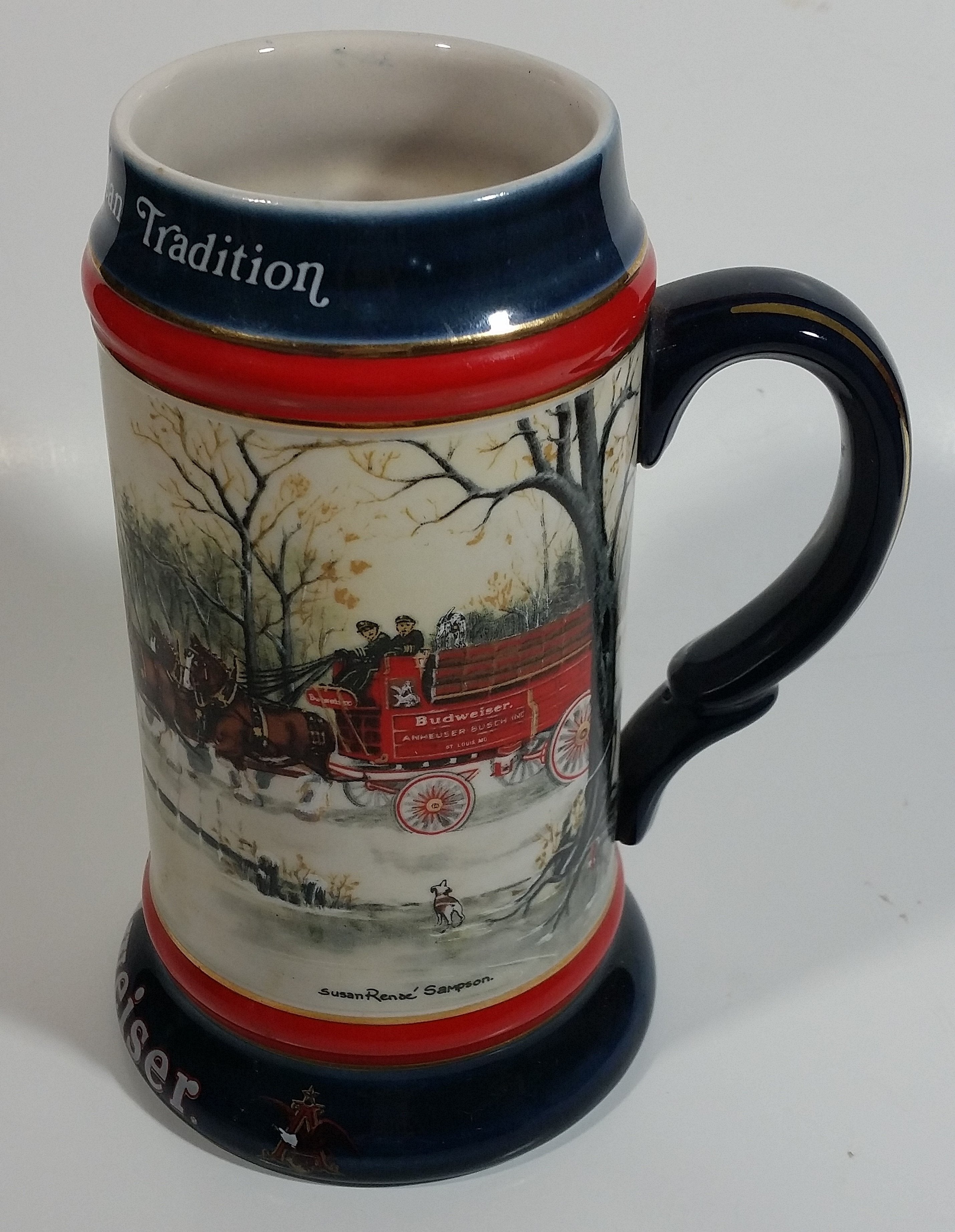 1990 Budweiser Holiday Stein Collection An American Tradition Ceramic Beer Stein By Artist Susan Sampson - Handcrafted in Brazil by Ceramarte