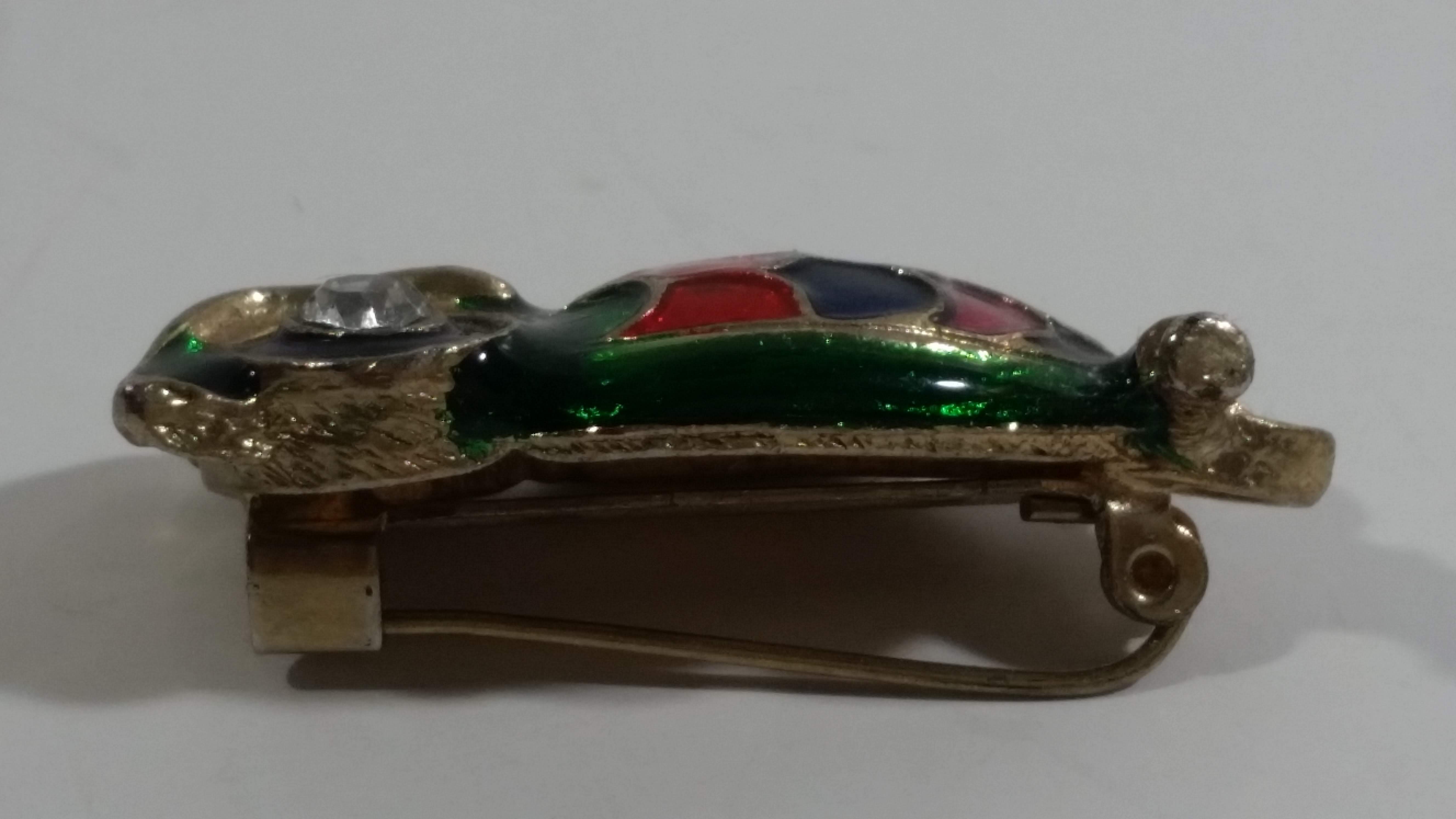 Cloisonne Enamel on Brass Owl Shaped Brooch Pin with Rhinestone Eyes 2