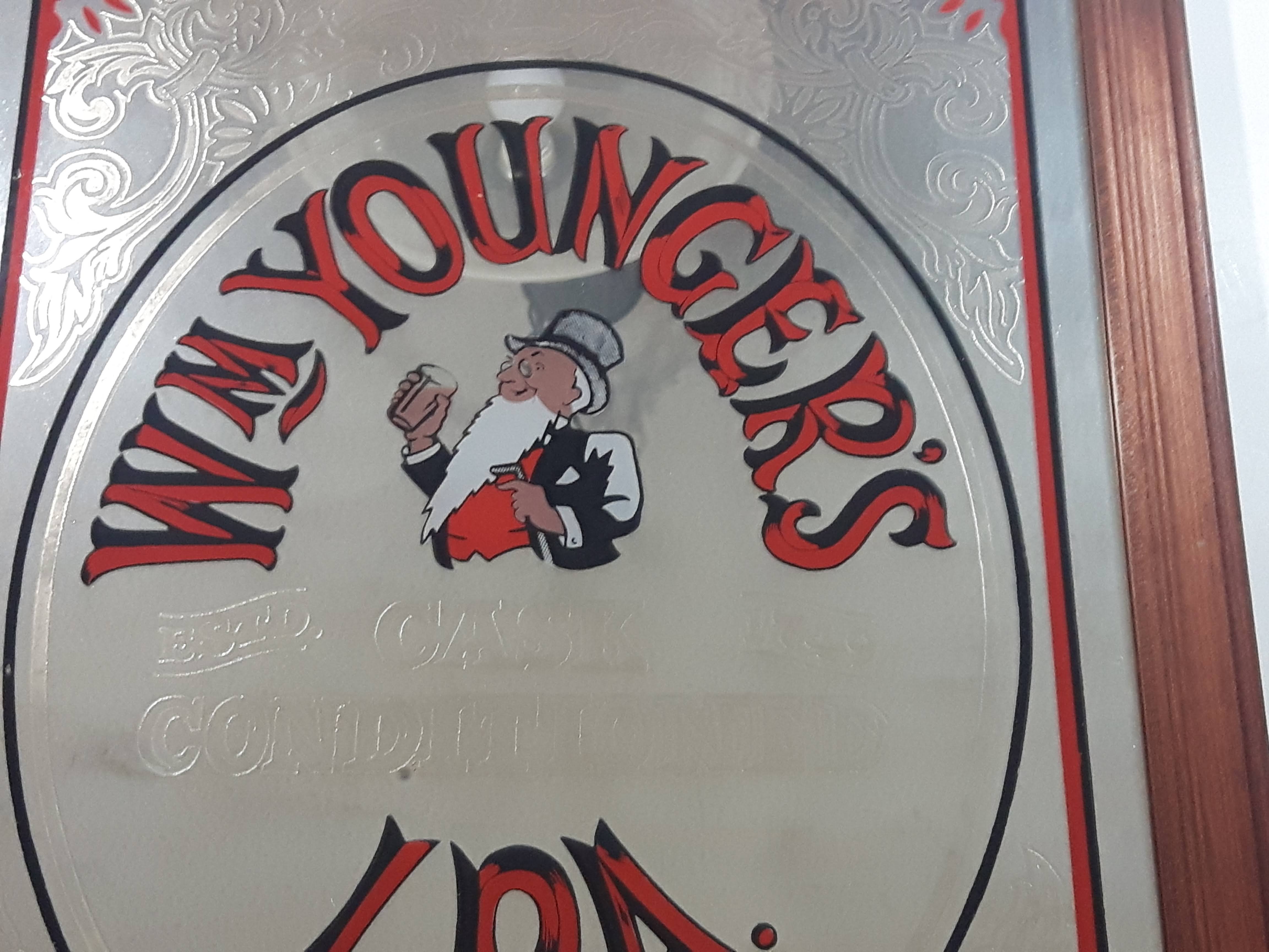 Antique Wm. Younger's Cask Conditioned India Pale Ale Beer Pub Wood Framed Glass Advertising Mirror 13 1/2" x 18 1/2" 2