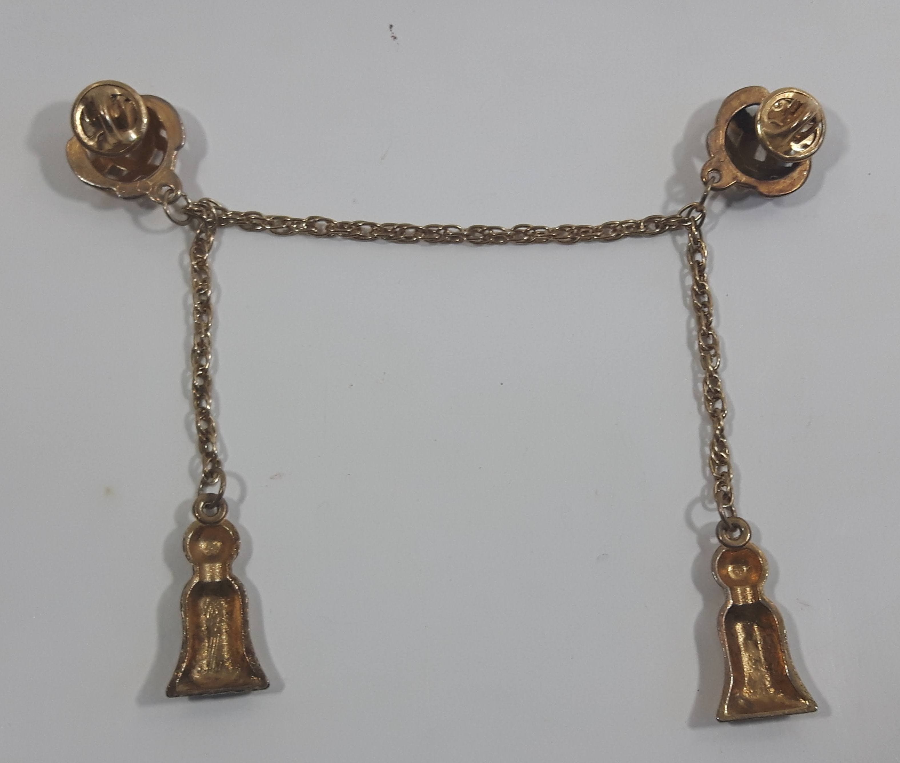 Gold Tone Metal Structural Spheres with Chain Dangling Bells Double Brooch Pin 2