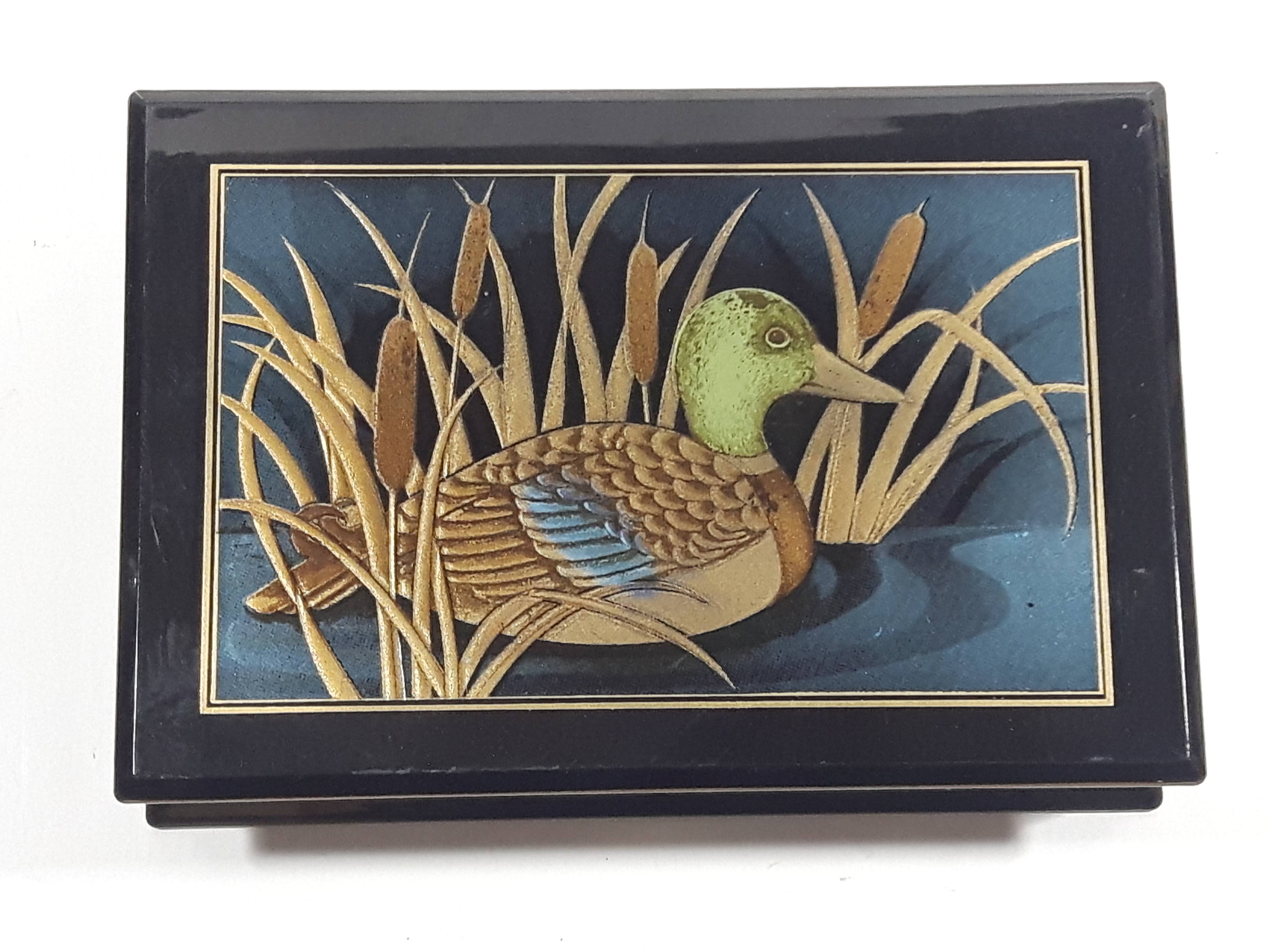 Vintage Otagiri Japan Gibson Greetings Golden Mallard Duck Black Lacquered Wood Keepsake Note Box 2