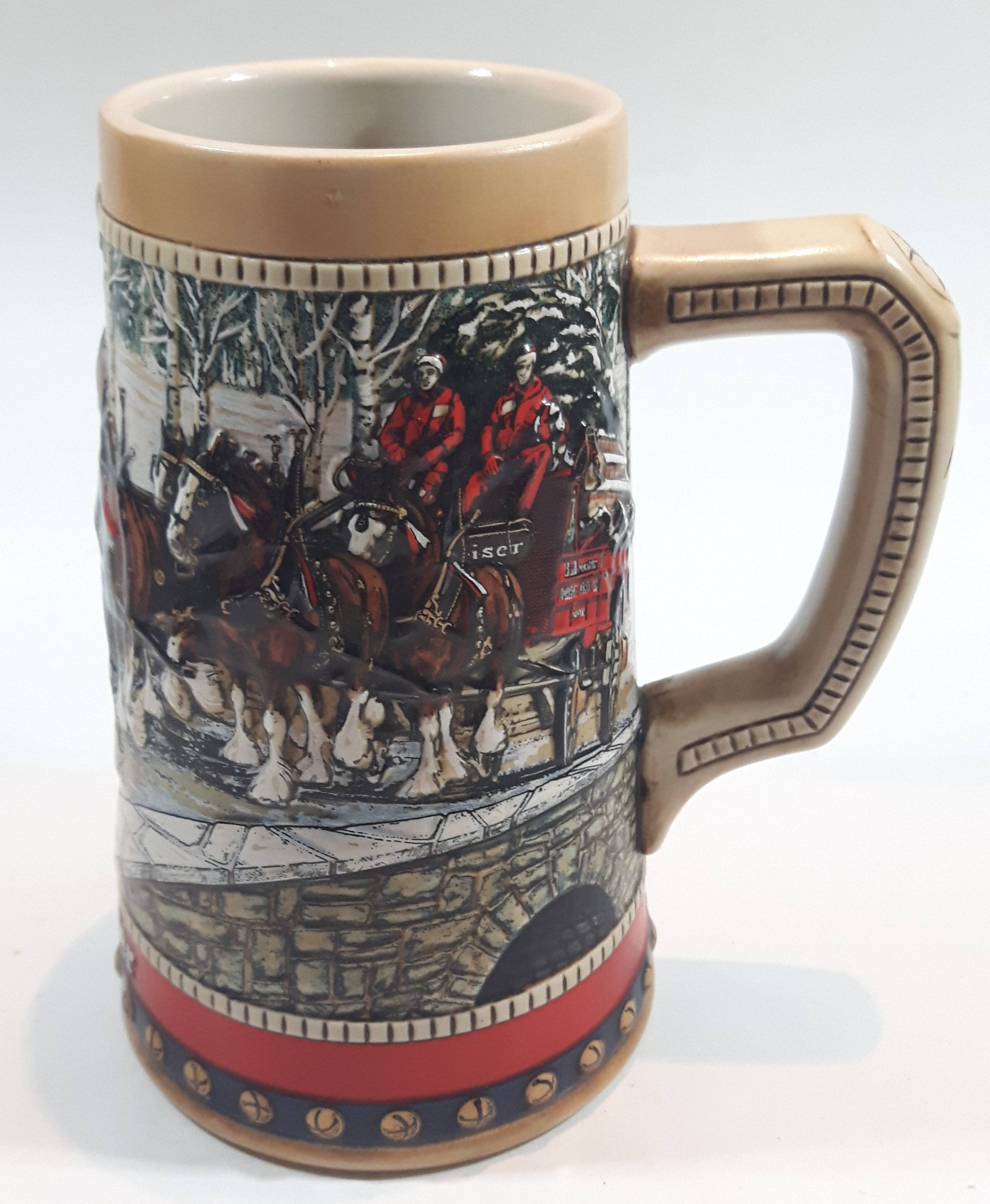 1988 Budweiser Holiday Stein Collection Collector's Series "The hitch on a winter's evening." Ceramic Beer Stein - Handcrafted in Brazil by Ceramarte 7