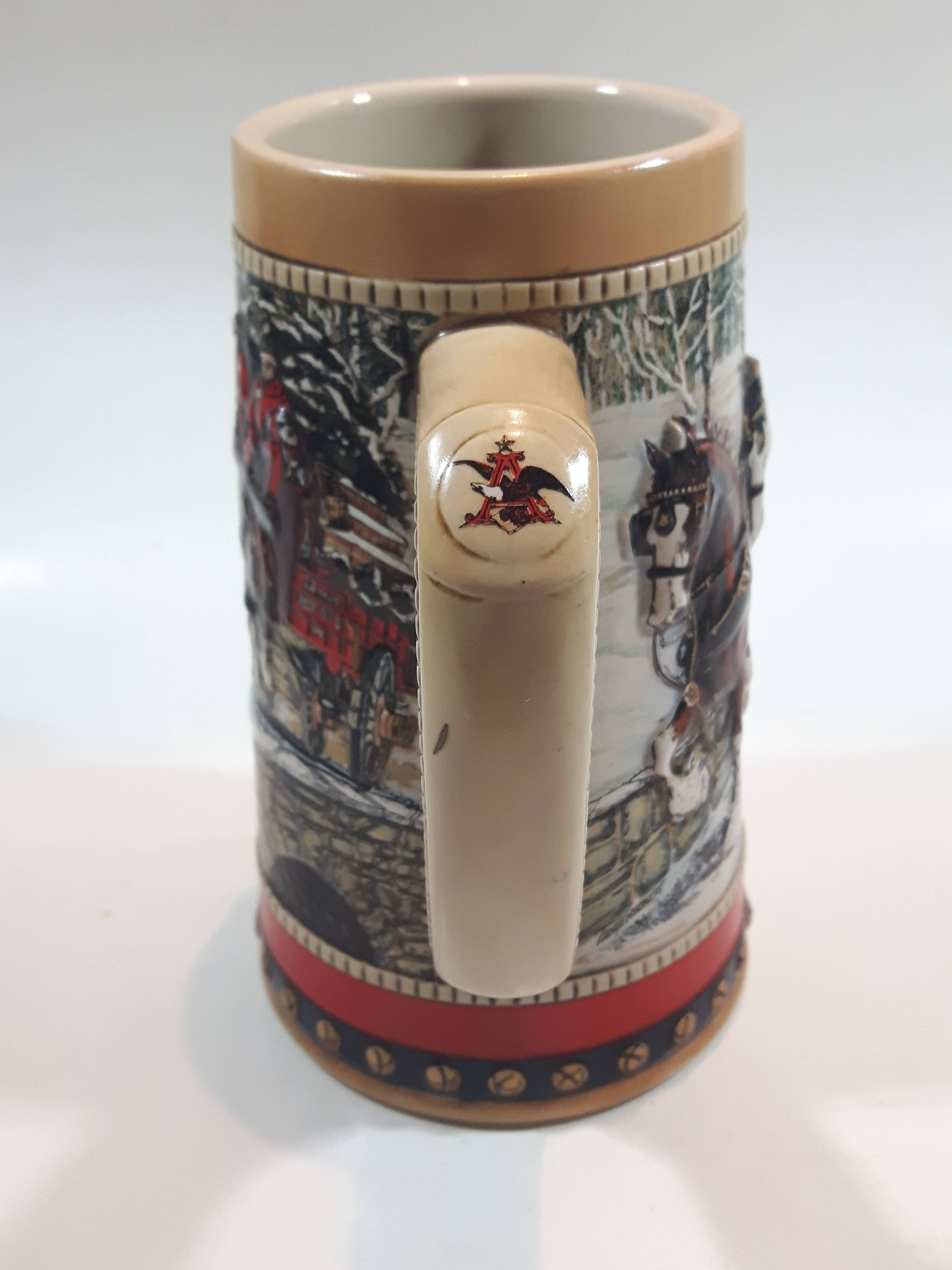 1988 Budweiser Holiday Stein Collection Collector's Series "The hitch on a winter's evening." Ceramic Beer Stein - Handcrafted in Brazil by Ceramarte 9