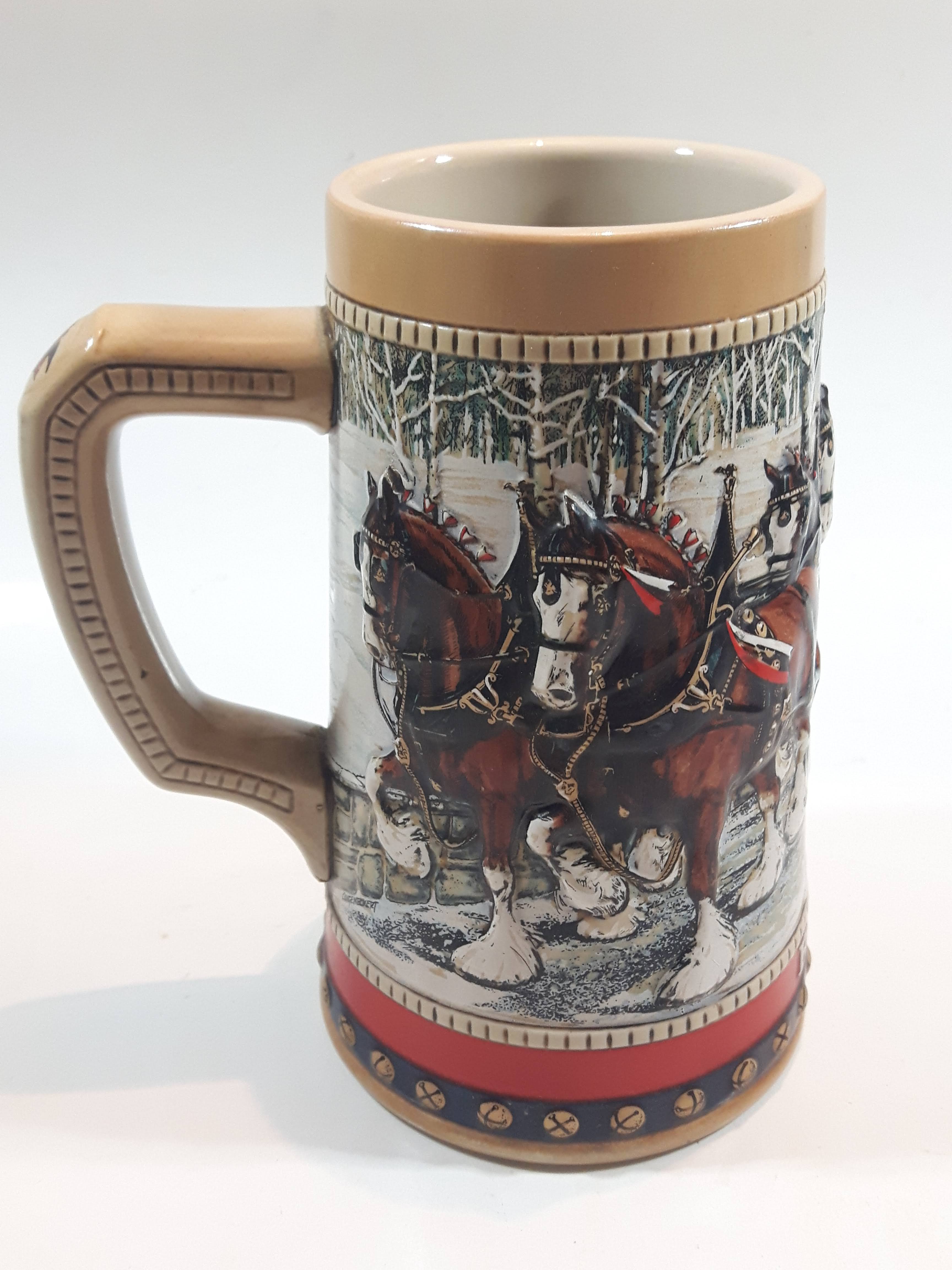 1988 Budweiser Holiday Stein Collection Collector's Series "The hitch on a winter's evening." Ceramic Beer Stein - Handcrafted in Brazil by Ceramarte 11