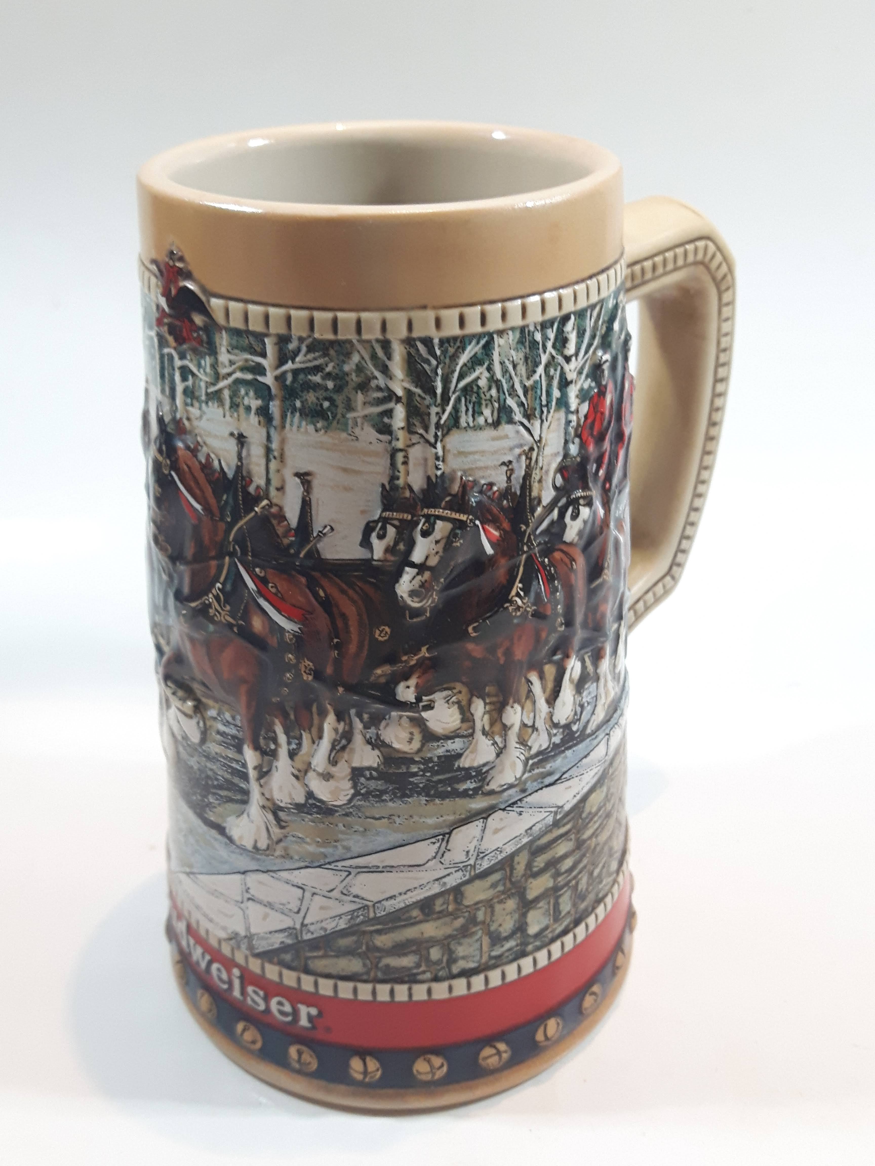 1988 Budweiser Holiday Stein Collection Collector's Series "The hitch on a winter's evening." Ceramic Beer Stein - Handcrafted in Brazil by Ceramarte 2
