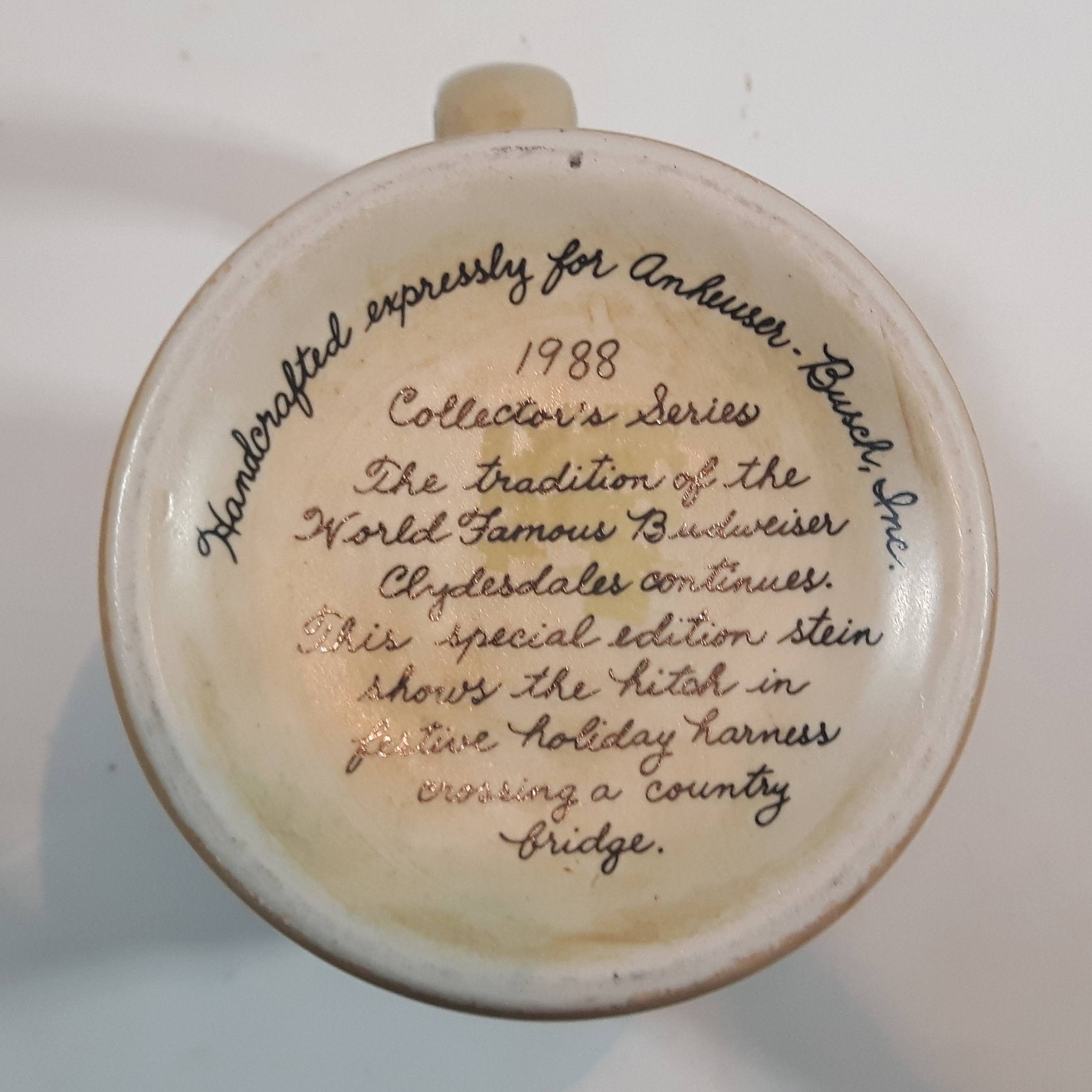 1988 Budweiser Holiday Stein Collection Collector's Series "The hitch on a winter's evening." Ceramic Beer Stein - Handcrafted in Brazil by Ceramarte 6
