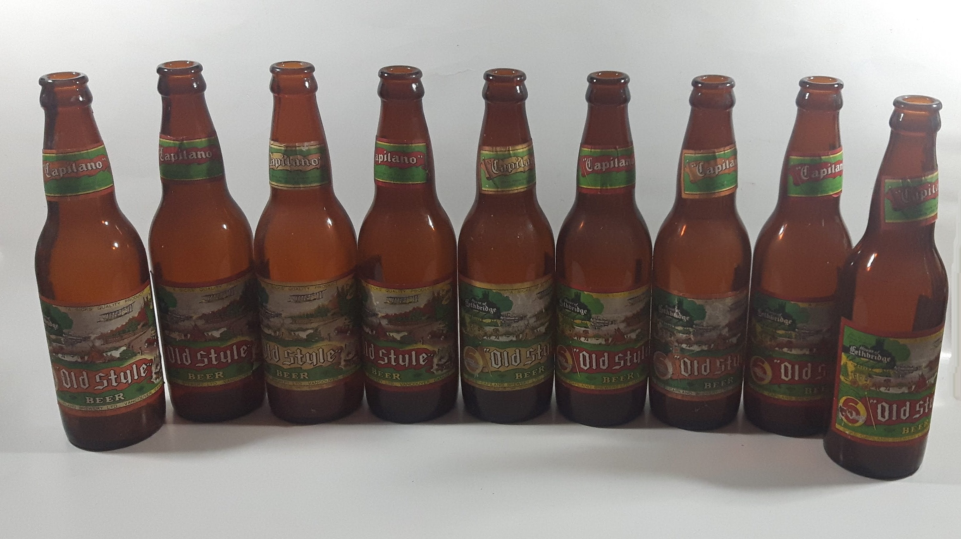 Vintage Set of 9 Capilano Brewery Vancouver Old Style Beer Amber Brown Glass Bottles 2