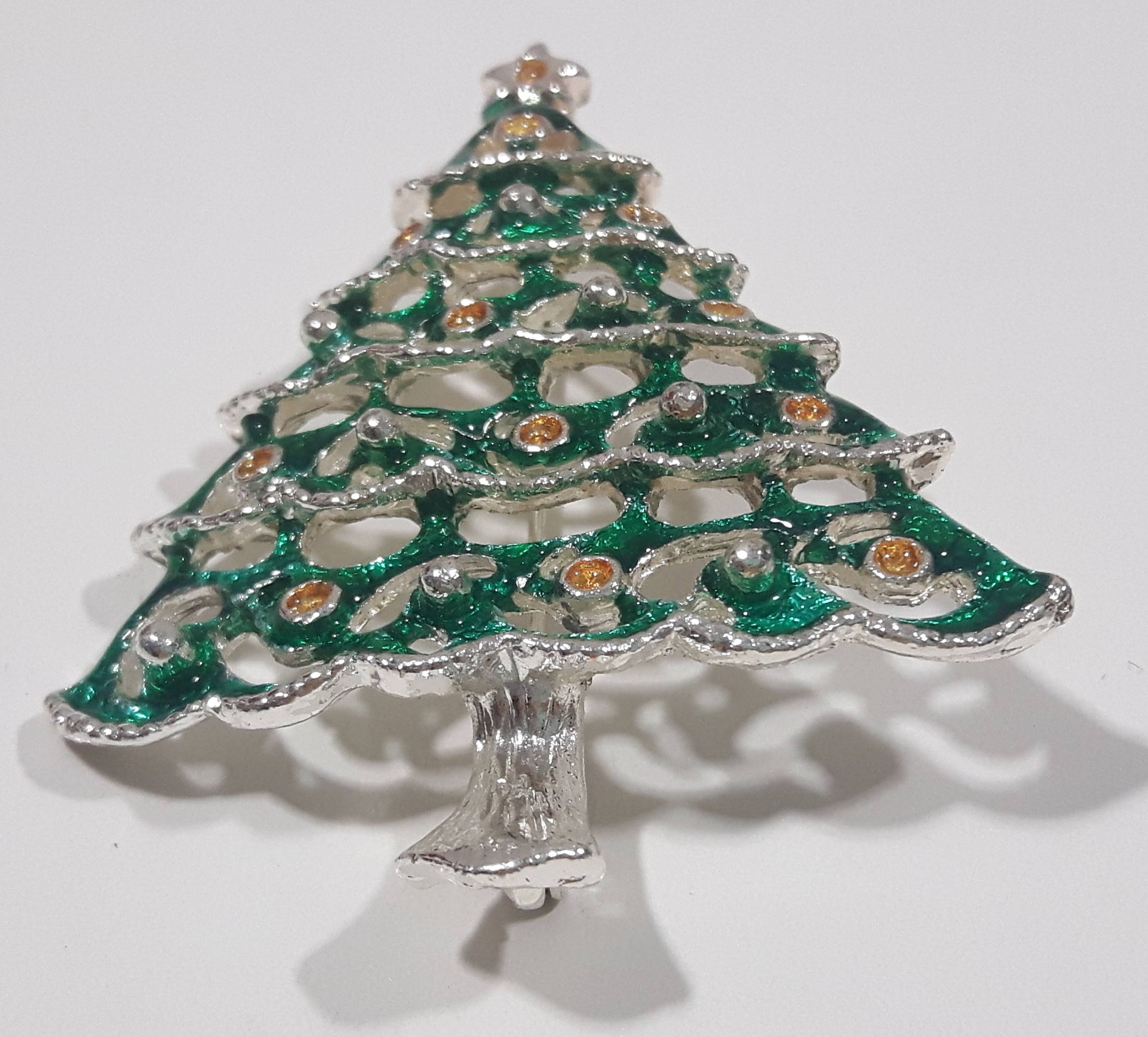 Christmas Tree Yellow Rhinestone Lights Metal Brooch Pin 2 1/8" Tall 2